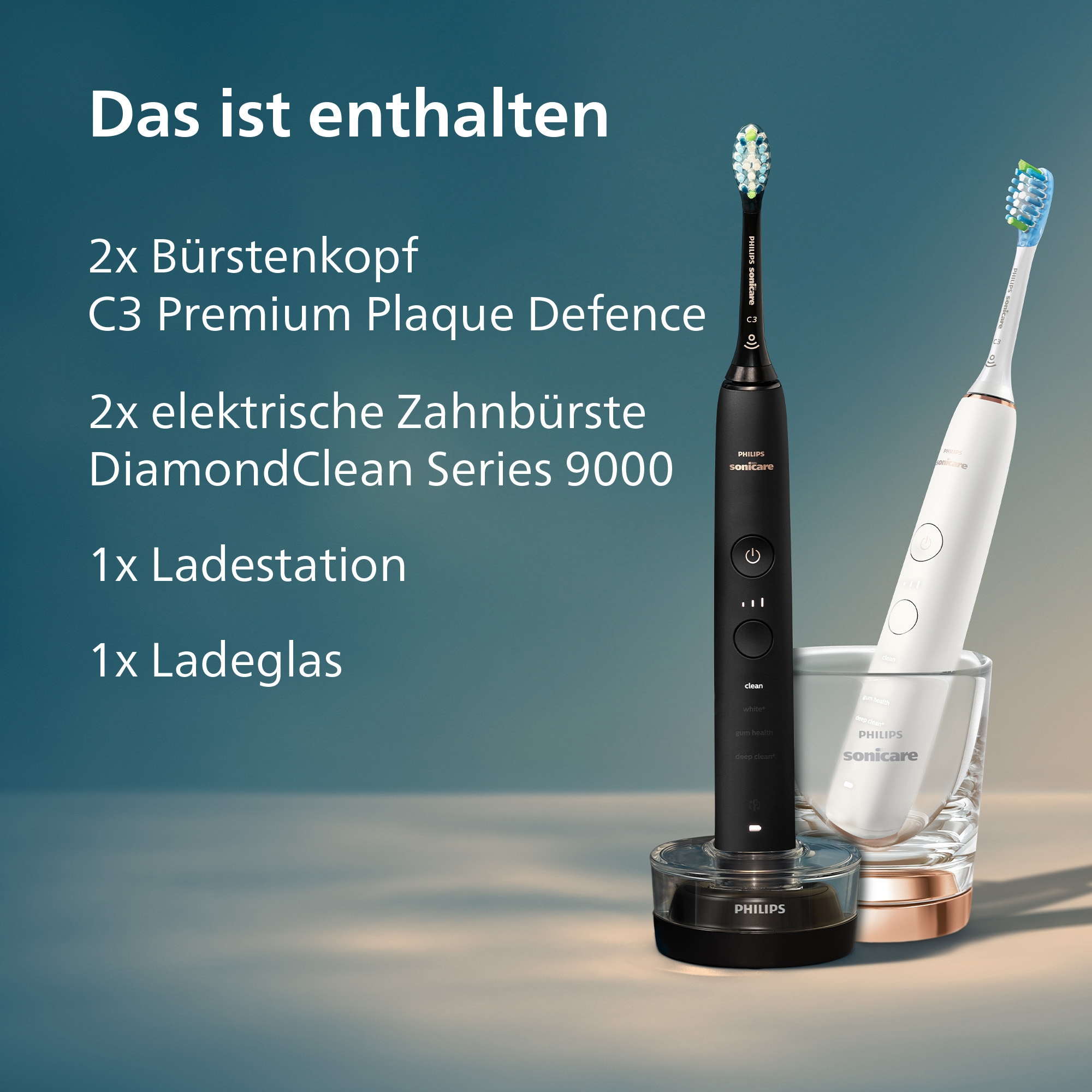 Philips Sonicare Elektrische Zahnbürste »DiamondClean 9000 HX9914« 2 Stk. Aufsteckbürsten DiamondClean Premium Schallzahnbürste, Doppelpack inkl. Ladeglas