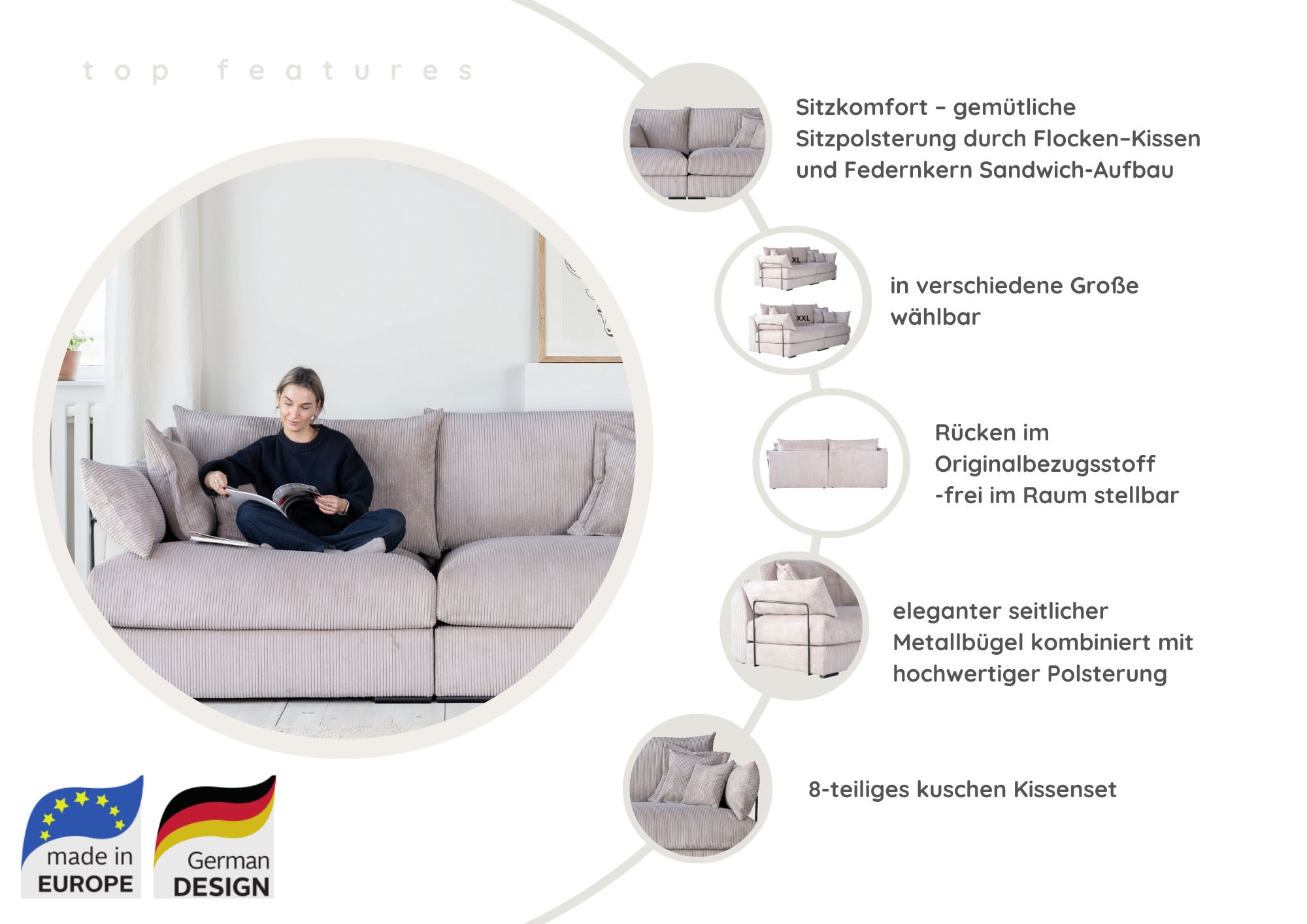 Home affaire Big-Sofa »Casa, Breite 190 cm« Mega-Sofa, in Cord oder Chenille-Struktur wählbar, mit Federkern