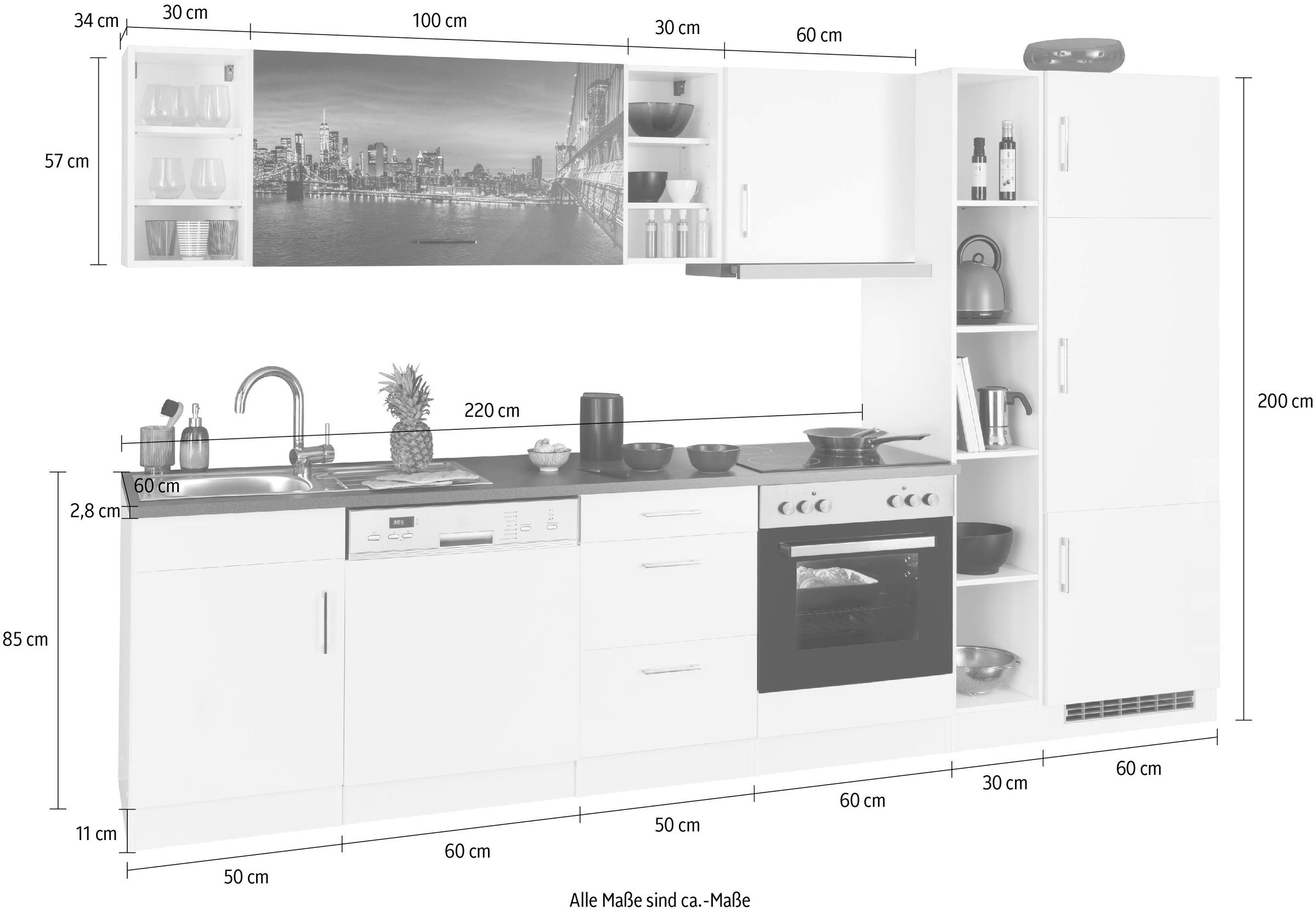 HELD MÖBEL Küchenzeile »Paris«, mit E-Geräten, Breite 310 cm