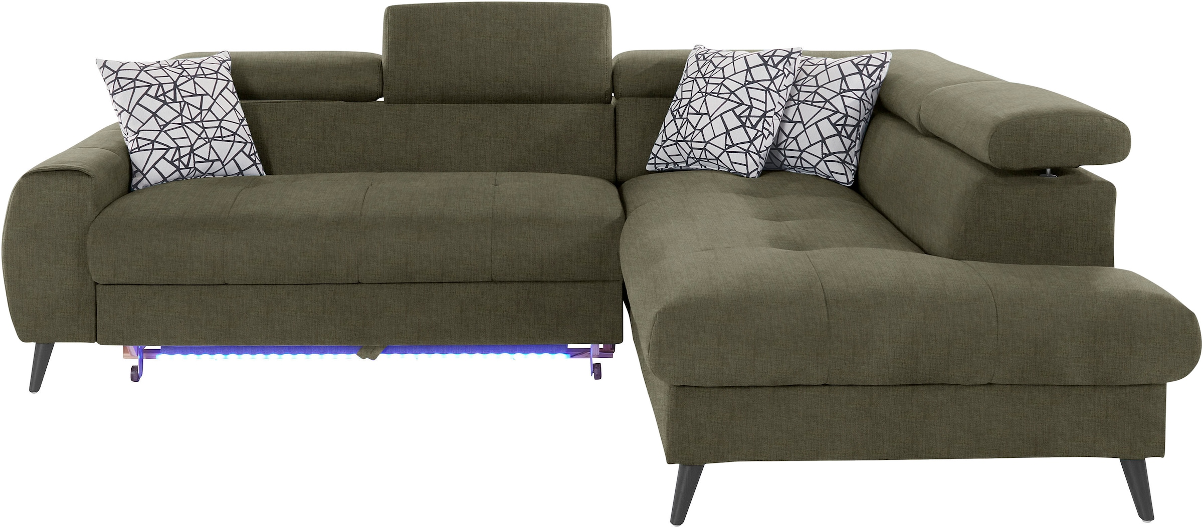 COTTA Ecksofa »Mia L-Form mit 3 Zierkissen«, wahlweise mit Bettfunktion, Bettkasten, Beleuchtung & Wireless-Charger