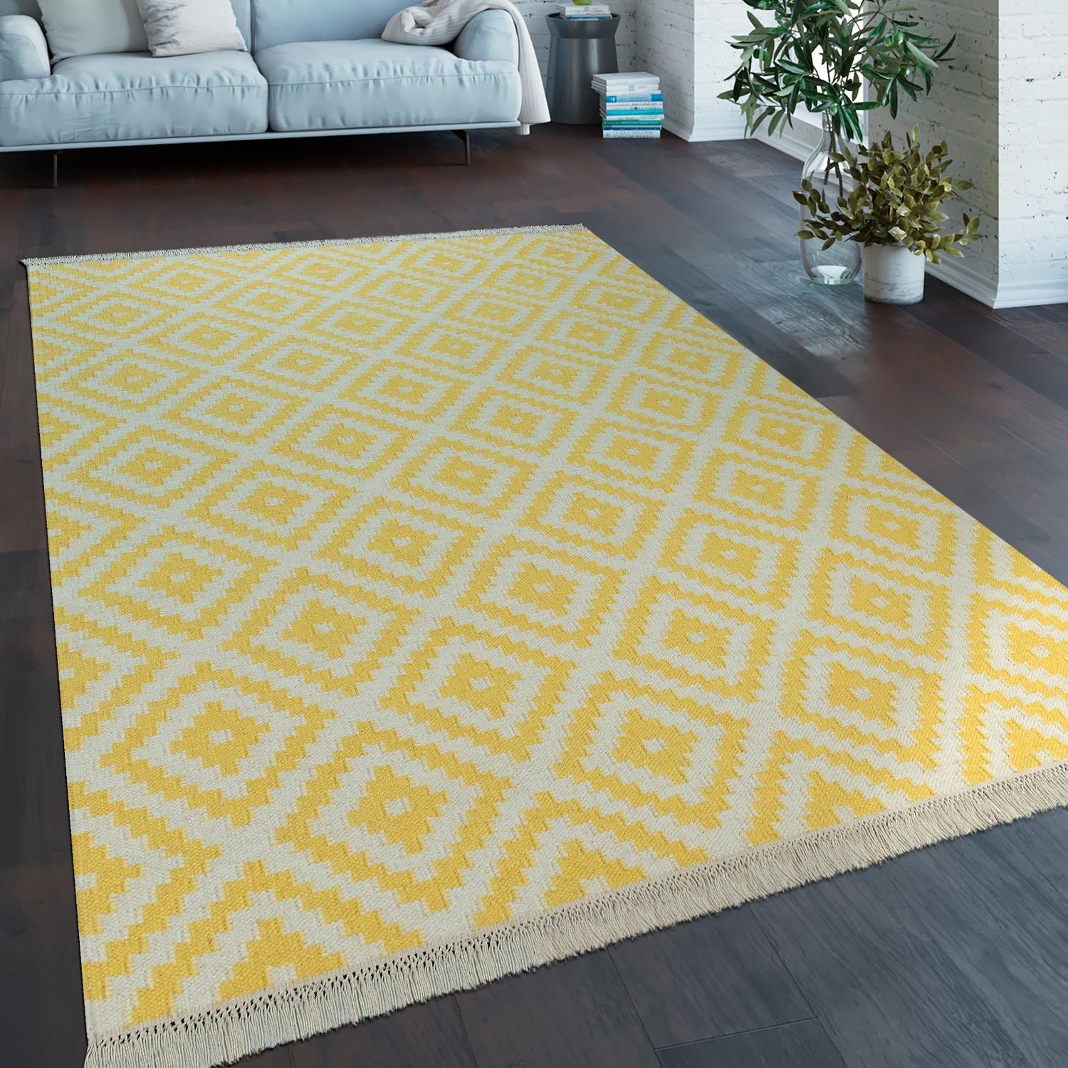 Paco Home Wollteppich »Kenitra 500«, rechteckig, 12 mm Höhe, Flachgewebe, reine Wolle, handgewebt, Rauten Design, mit Fransen