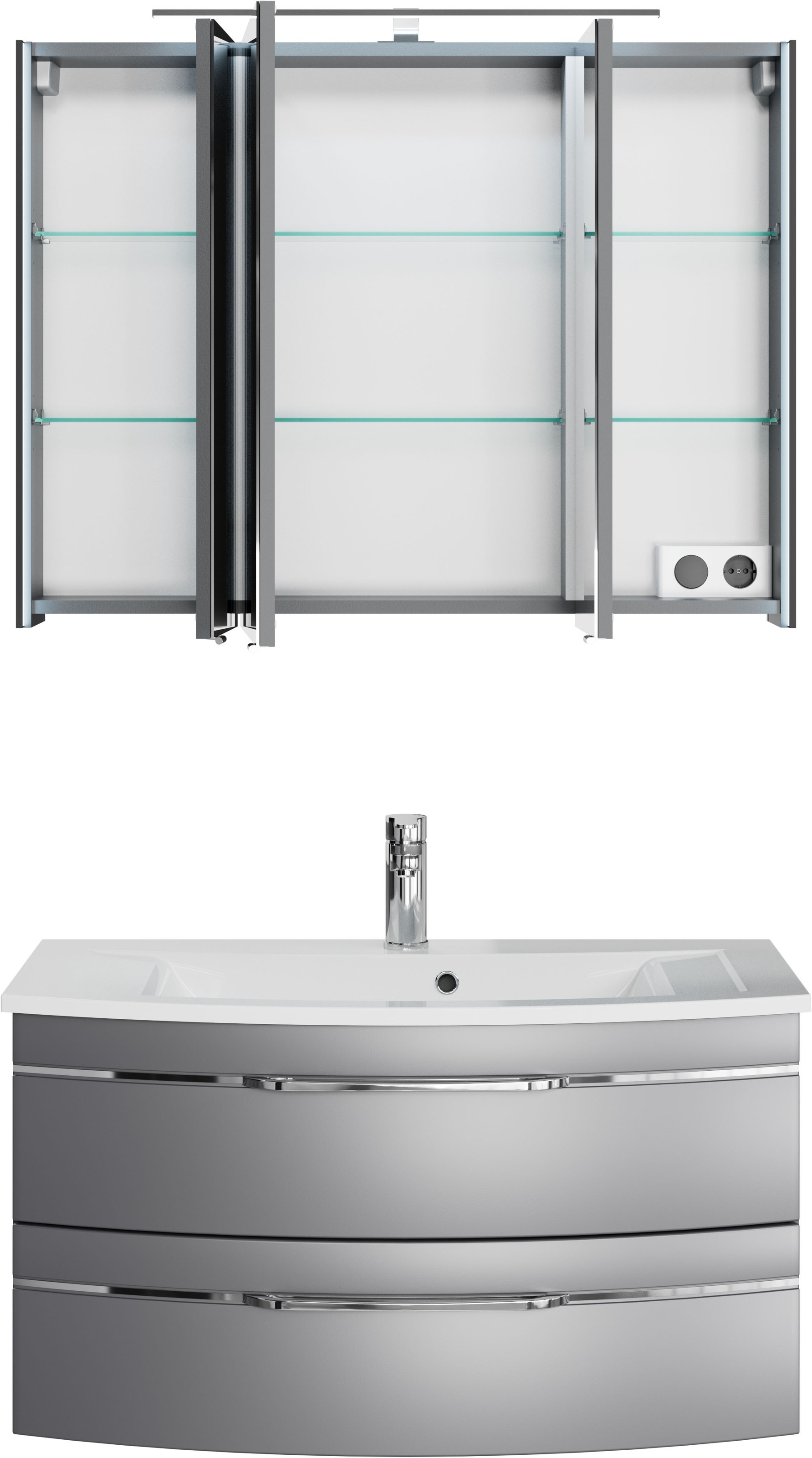 Saphir Badmöbel-Set »Serie 7045 2-teilig Mineralmarmor-Waschtisch mit LED-Spiegelschrank«, (Set, 2 St.), Badezimmer-Set 93,2 cm breit, inkl. Türdämpfer, 3 Türen, 2 Schubladen