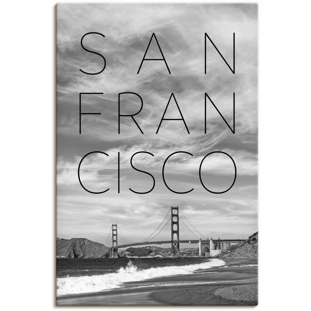 Artland Wandbild »Golden Gate Bridge & Baker Beach«, San Francisco, (1 St.), in vielen Größen & Produktarten - Alubild / Outdoorbild für den Außenbereich, Leinwandbild, Poster, Wandaufkleber / Wandtattoo auch für Badezimmer geeignet