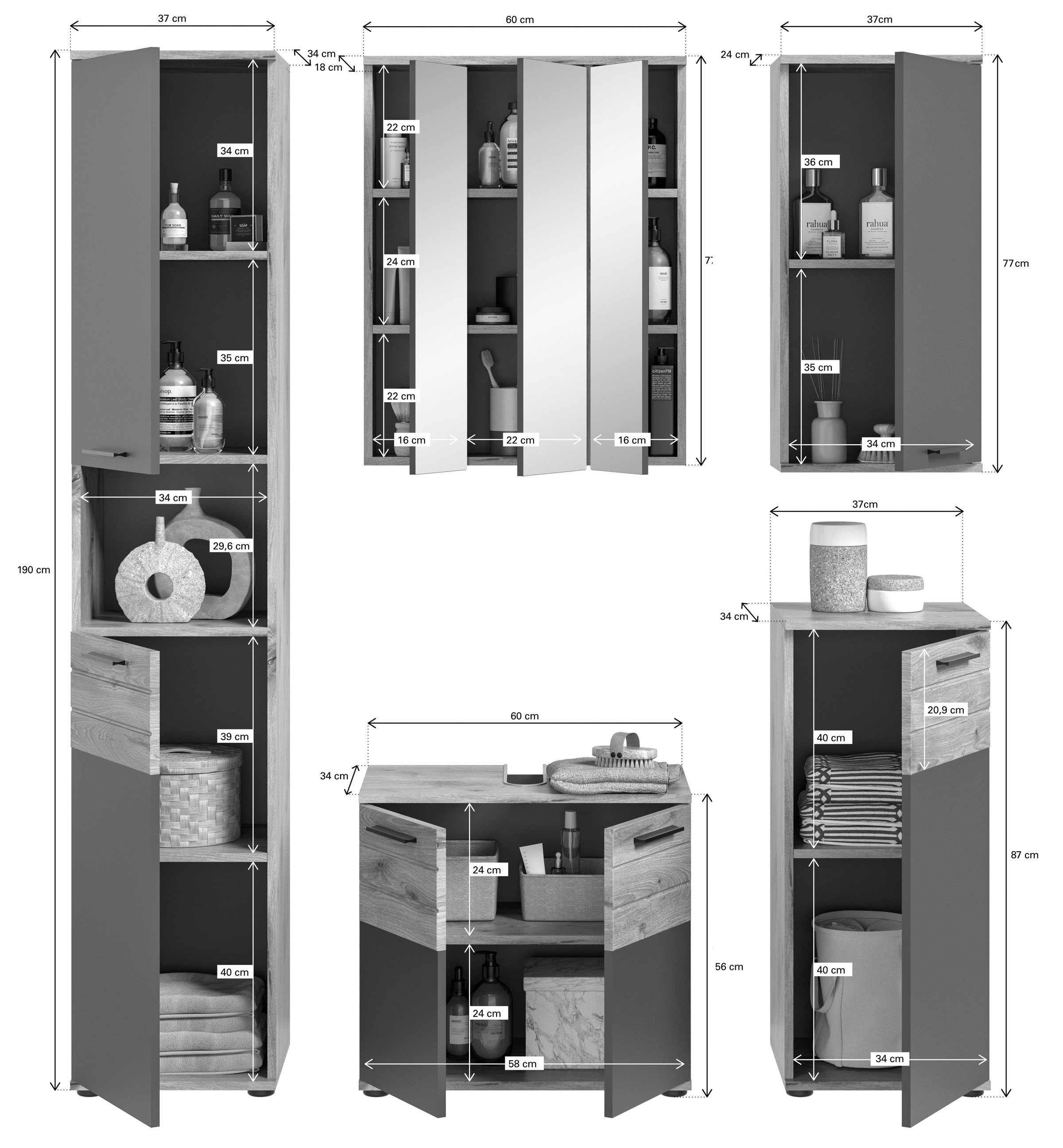 INOSIGN Badmöbel-Set »Riga, 5 teilig, bestehend aus:«, (Set, 5 St.), Hochschrank, WBU, Spiegel, Unterschrank, Hängeschrank