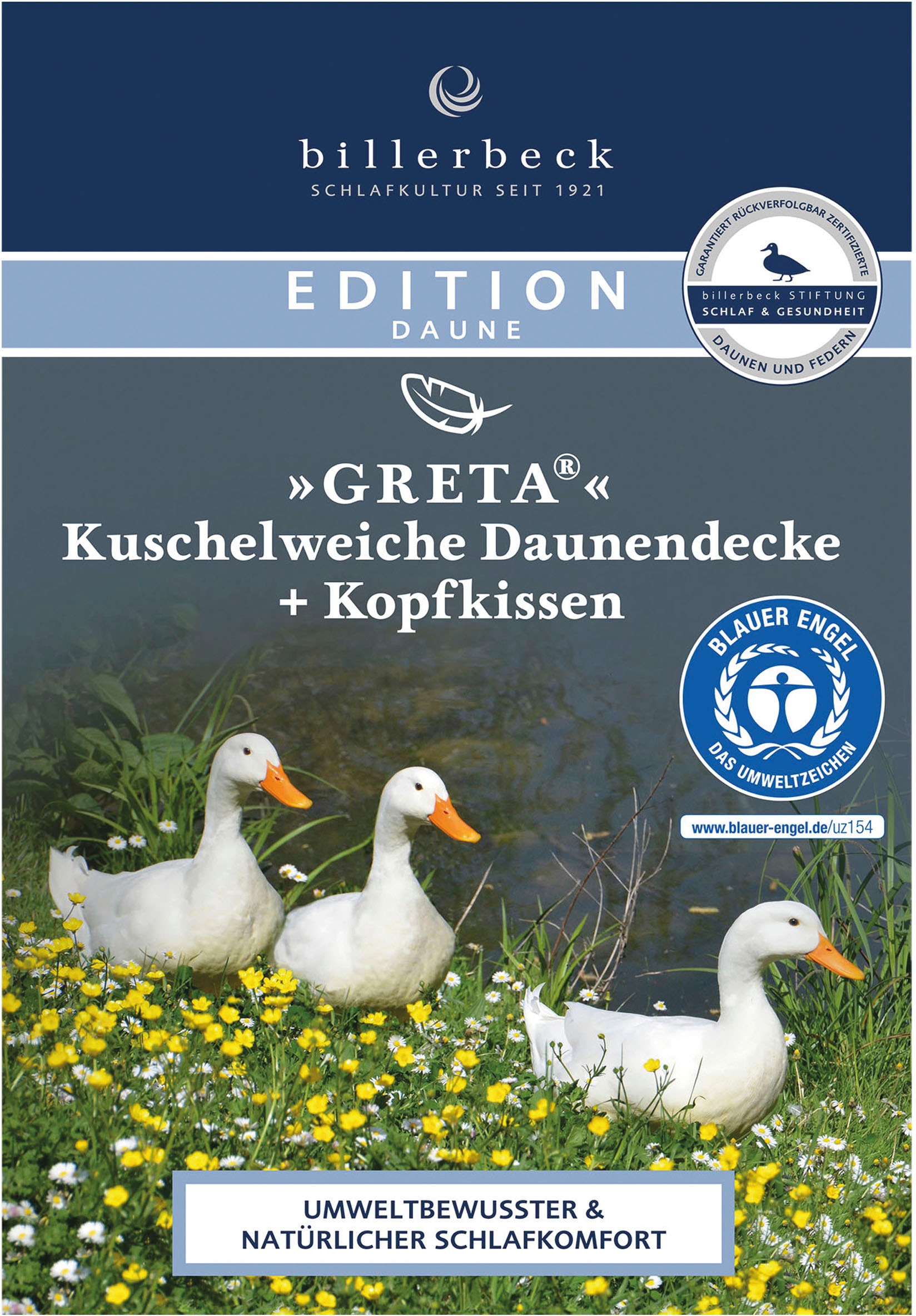 billerbeck Daunenbettdecke »E14 Greta, Bettdecke in 135x200 cm, 155x220 cm, Sommer, Winter«, normal, Füllung 90% Entendaune, 10% Entenfeder, Bezug 100% Baumwolle, (1 St.), Die Daunendecke mit dem blauen Engel