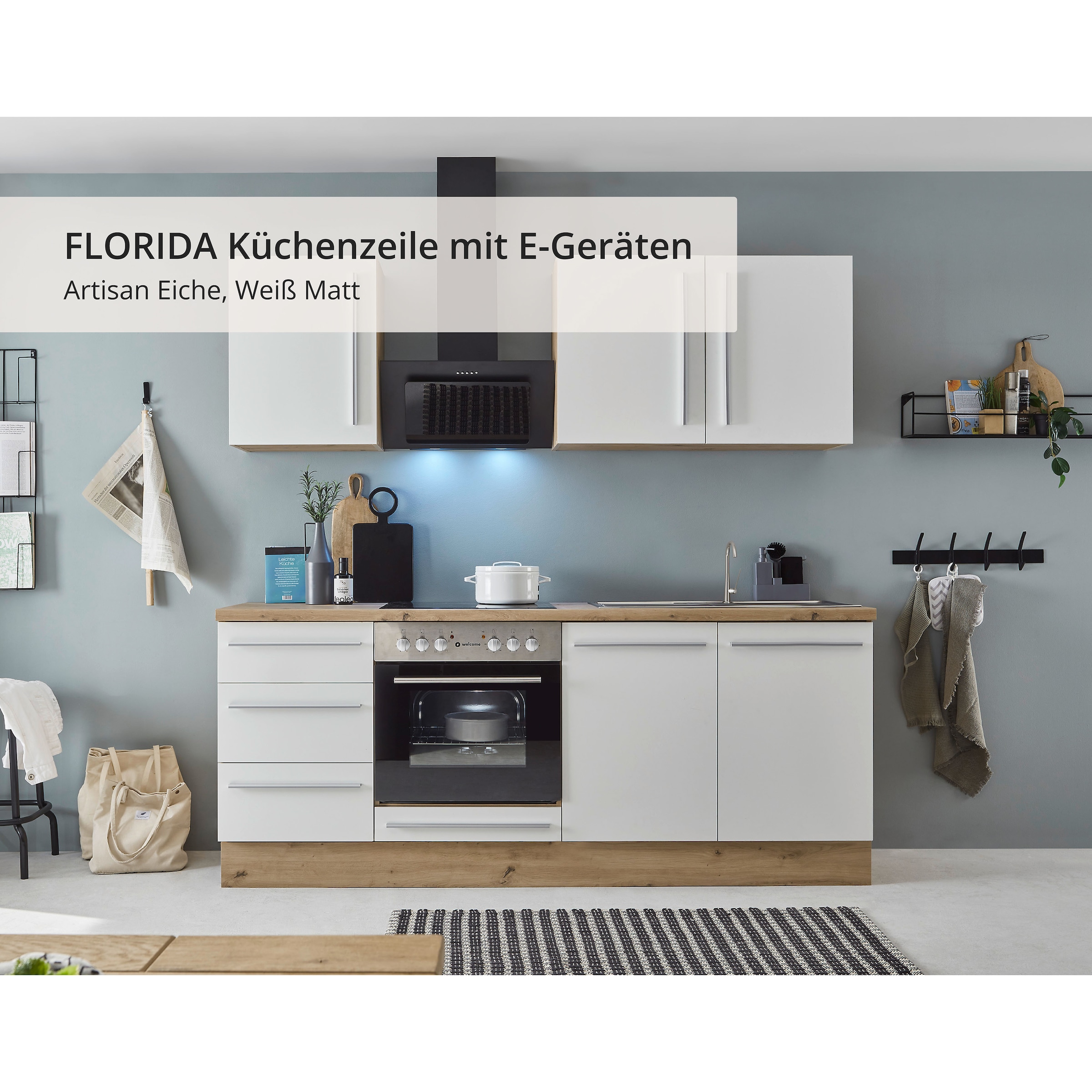 KOCHSTATION Küchenzeile »KS-Florida mit 38mm starker Arbeitsplatte«, Breite 210 cm, wahlweise mit E-Geräten, Soft-Close-Funktion