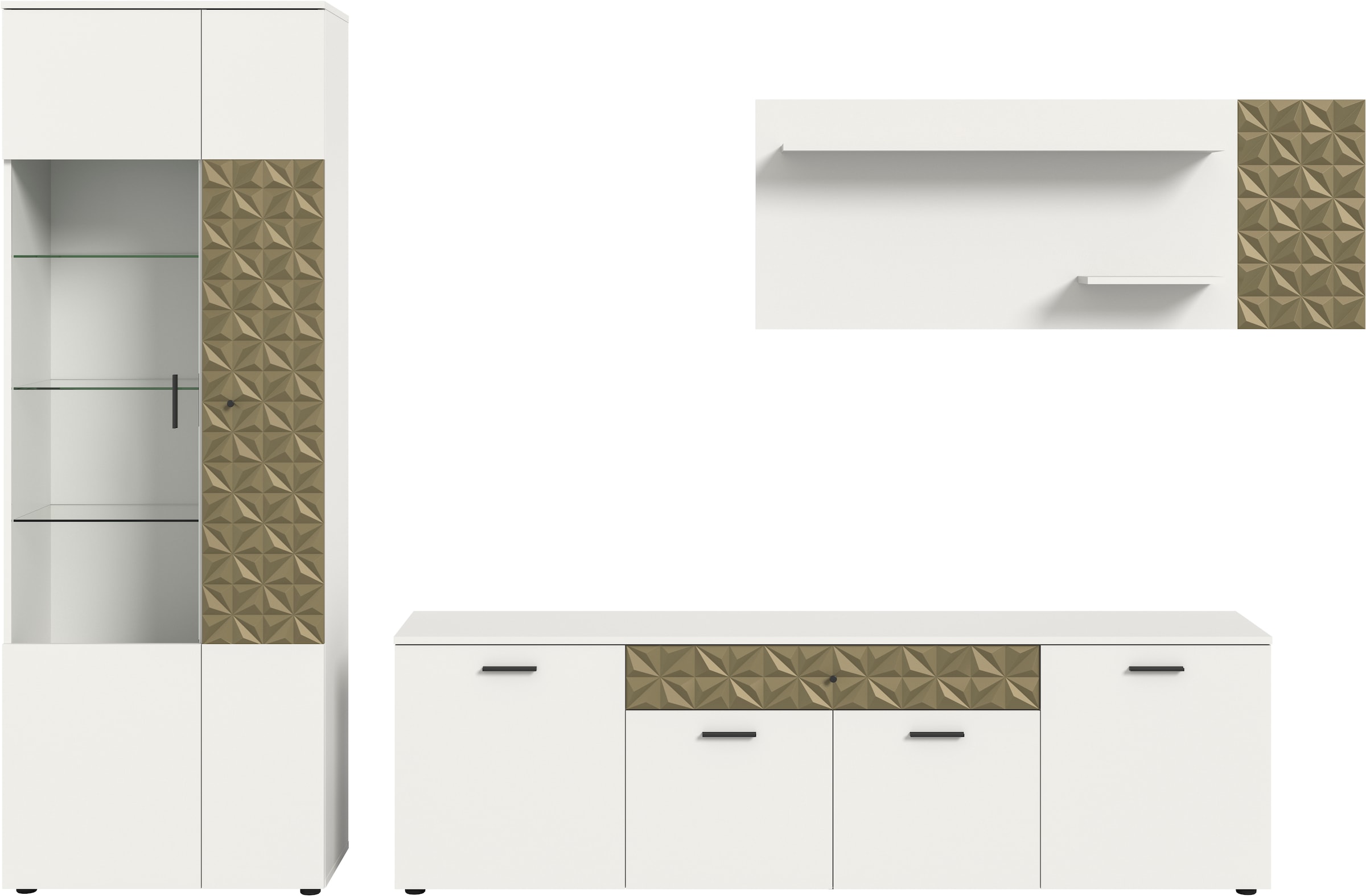 INOSIGN Wohnwand »Vicenza, 3-teilig, bestehend aus: Vitrine, Lowboard, Wandboard«, (3 St.), mit Ornamentabsetzung, Kombination, Anbauwand, TV-Wand, Schrankwand