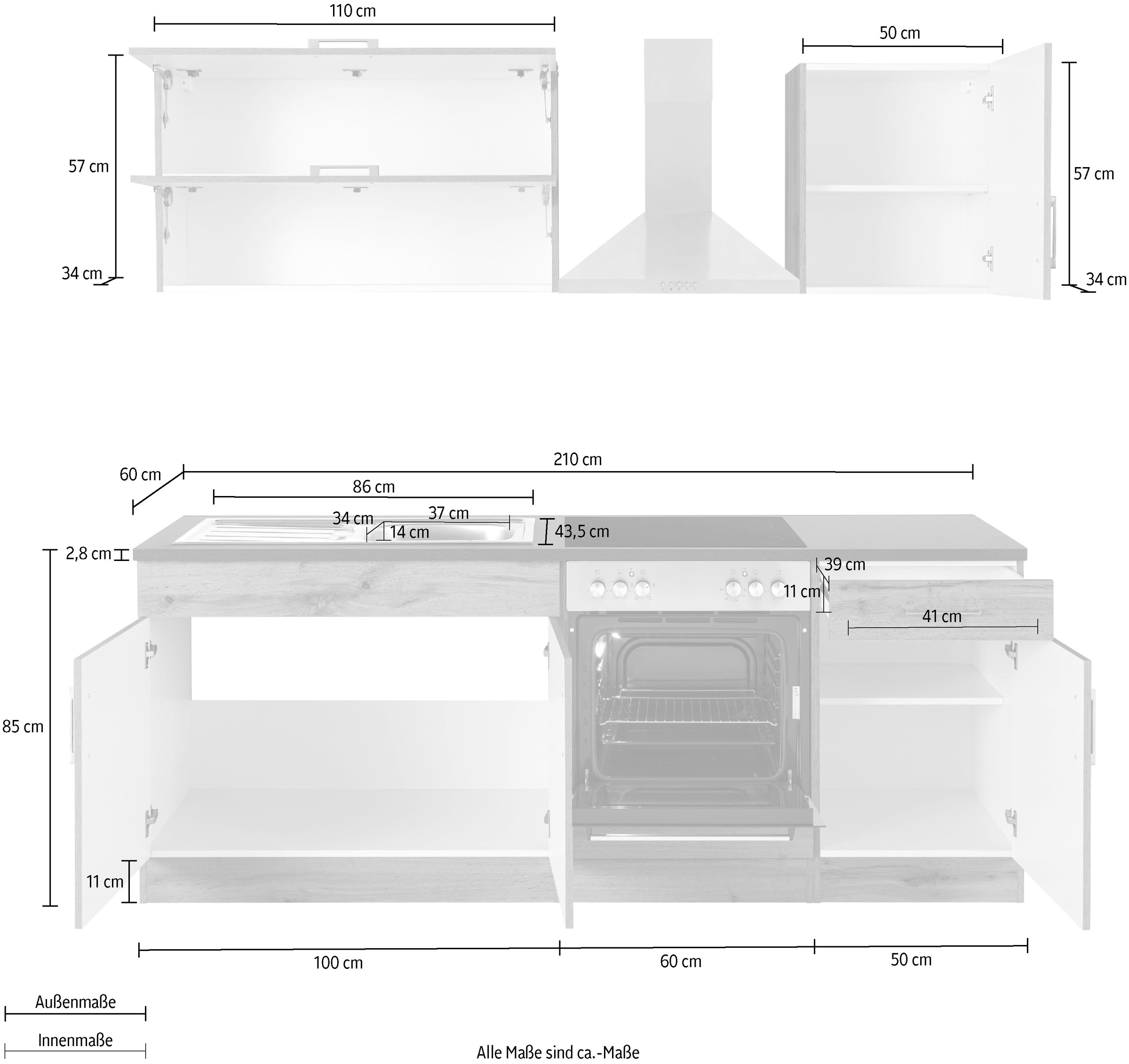 KOCHSTATION Küchenzeile »KS-Colmar« mit E-Geräten, Breite 210 cm