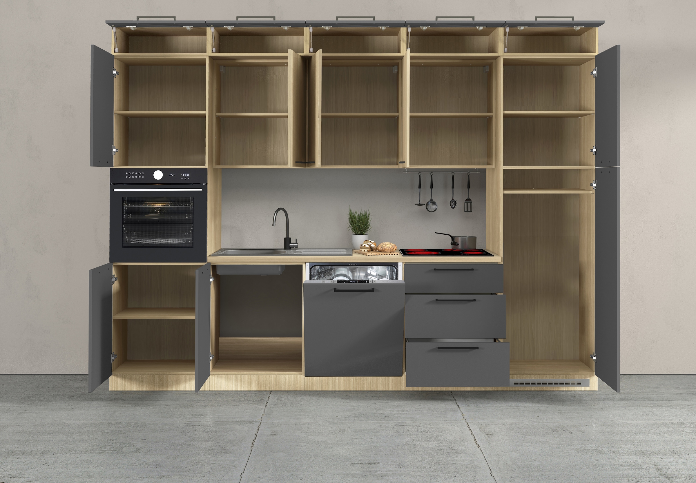 KOCHSTATION Küchenzeile »Luna, Einbauküche, Zeilenküche, mit Soft-Close Funktion, Made in Italy« Breite 300 cm ohne E-Geräte, mit Spüle+Siphon und Aufsatz