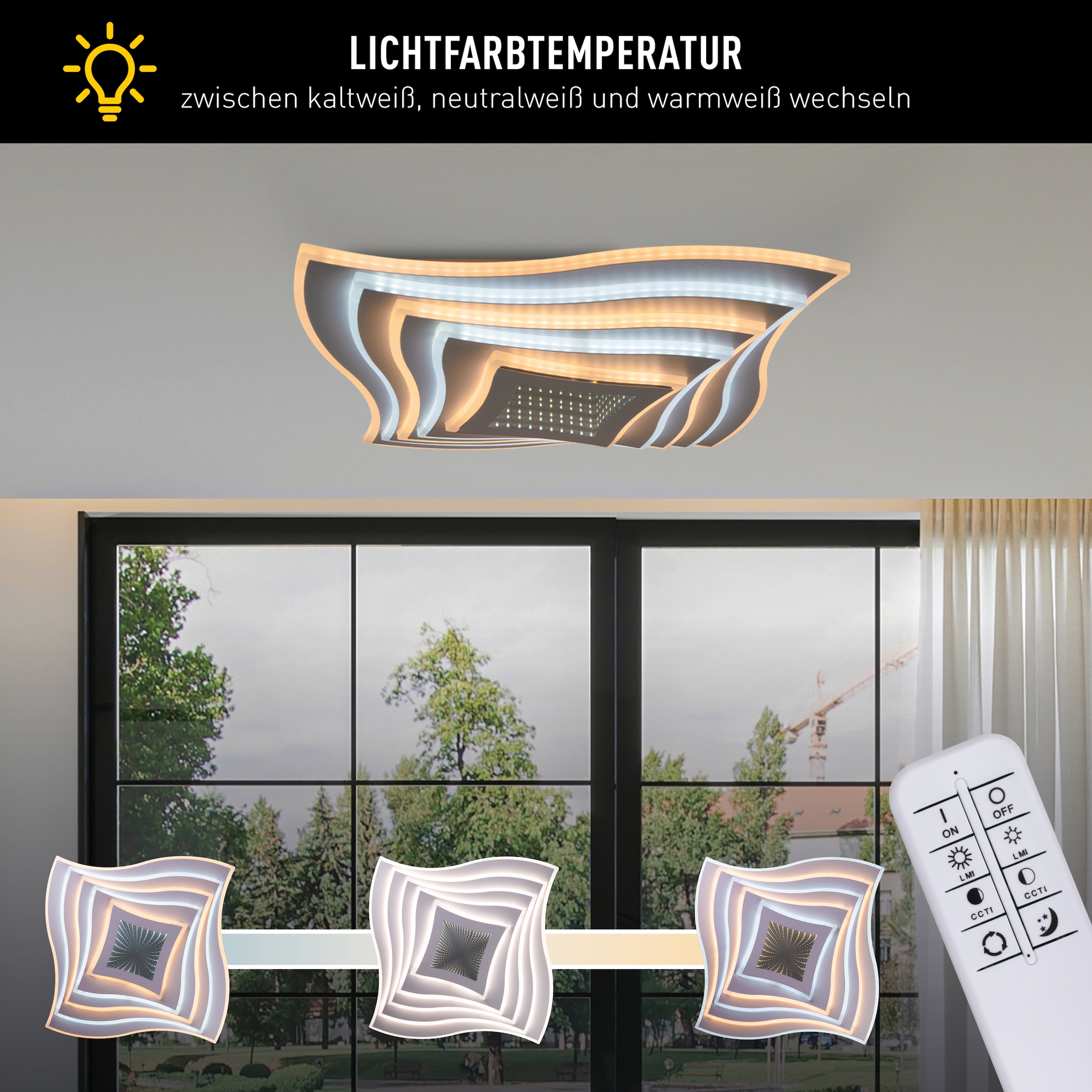 näve LED Deckenleuchte »Fevoria« LED-Modul 1 Stk. warmweiß - kaltweiß dimmbar, CCT, Memory, Nachtlicht, Fernbedienung, H: 7 cm / L/B: 50 cm