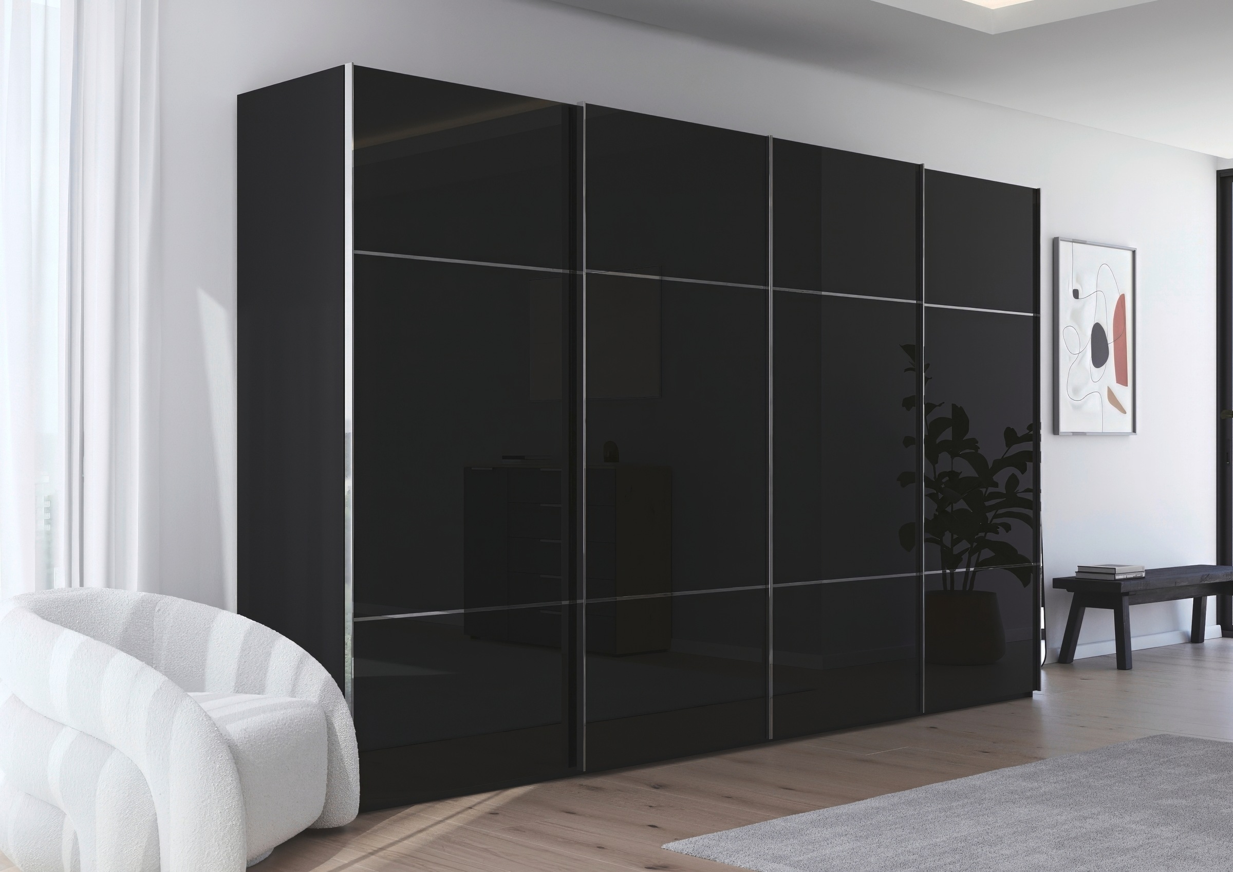 rauch Schwebetürenschrank »Kleiderschrank Schrank Garderobe Schlafzimmerschrank SCALE-TRIO«, edle dreigeteilte Front mit 2 Zierleisten Glasfront MADE IN GERMANY