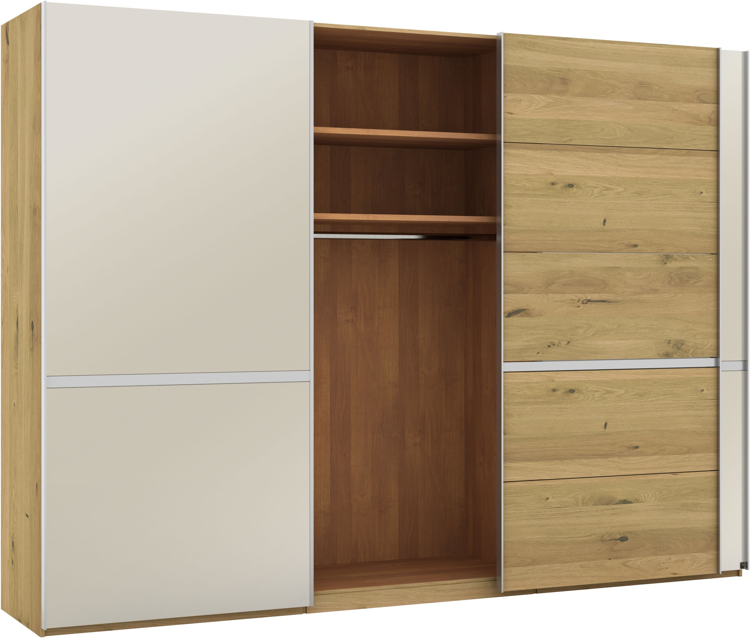 Musterring Schwebetürenschrank »Savona, Kleiderschrank, Schrank, Garderobe, mit Schiebetüren«, (Teilmassiv Bianco-Eiche, mit Spiegel oder Glas, MADE IN GERMANY), Türen Bianco-Eiche massiv, Spiegel-/Glastüren, eingelegte Chromleiste
