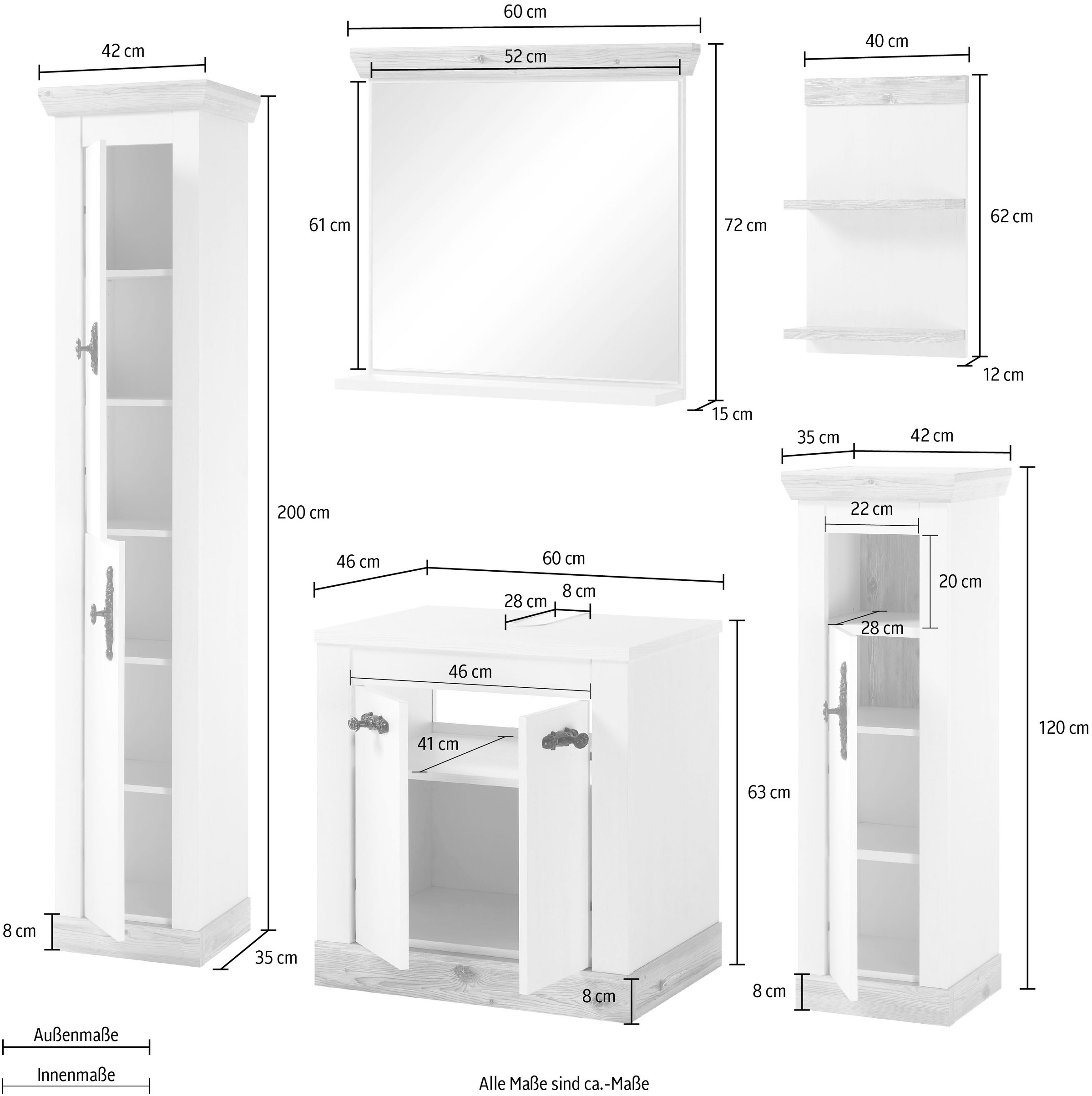 Home affaire Badmöbel-Set »Florenz, Bad im Landhausstil, 5-teiliges Badezimmer«, (5 St.), Unterschrank, Schränke, Wandregal und Spiegel, in Pinie Weiß, Stauraum