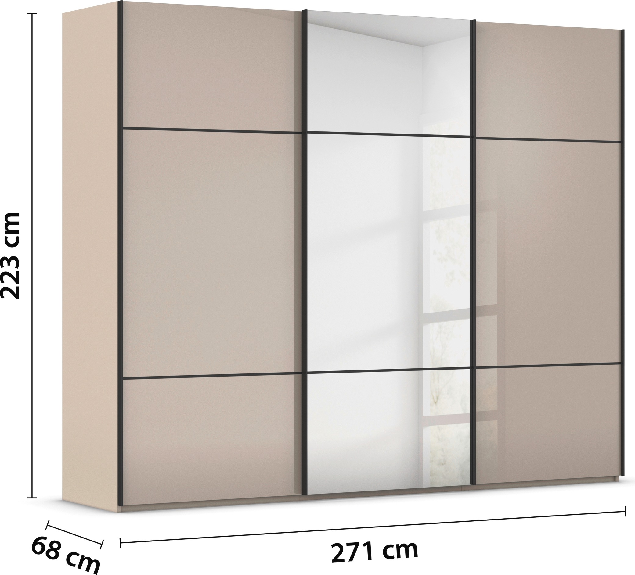 rauch Schwebetürenschrank »Kleiderschrank Schrank Garderobe Schlafzimmerschrank SCALE-TRIO«, edle dreigeteilte Front mit 2 Zierleisten Spiegel/Glas MADE IN GERMANY