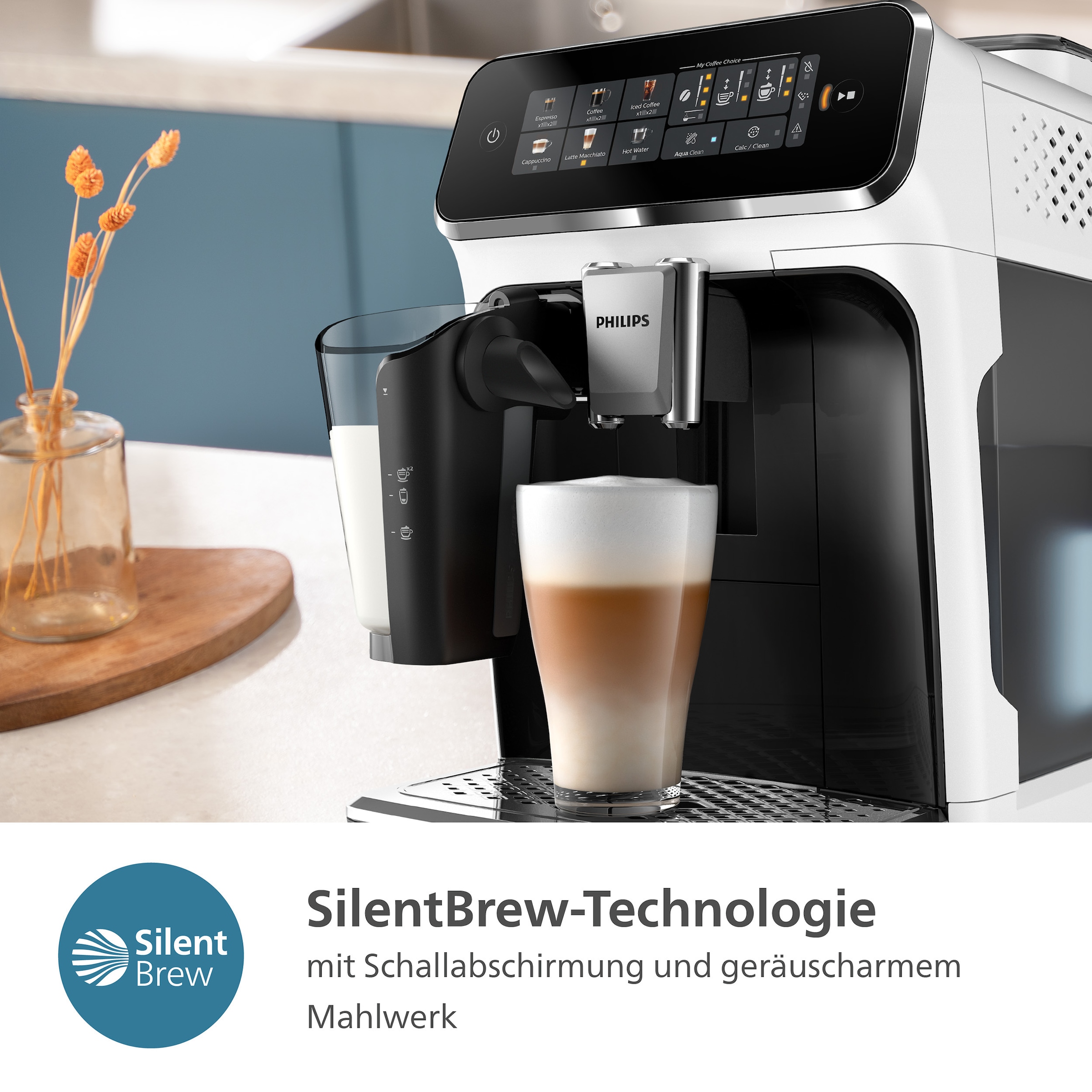 Philips Kaffeevollautomat »EP3343/50 3300 Series, 6 Getränke (heiß oder eisgekühlt),« LatteGo-Milchsystem, SilentBrew Technologie, Weiß-Schwarz