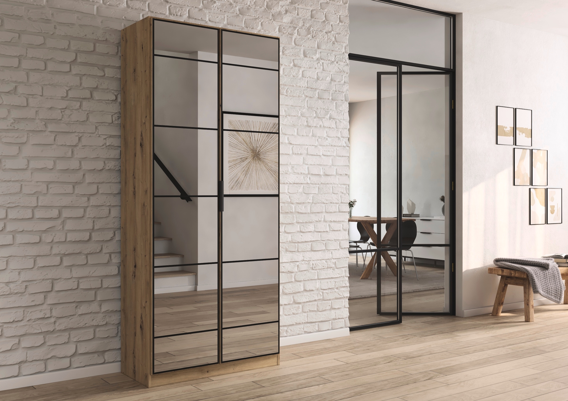rauch Drehtürenschrank »Kleiderschrank Schrank Garderobe Schlafzimmerschrank ACERO«, (praktisch in Tiefe 41 cm mit vielen Einlegeböden), Spiegelfront in moderner Loft-Optik MADE IN GERMANY
