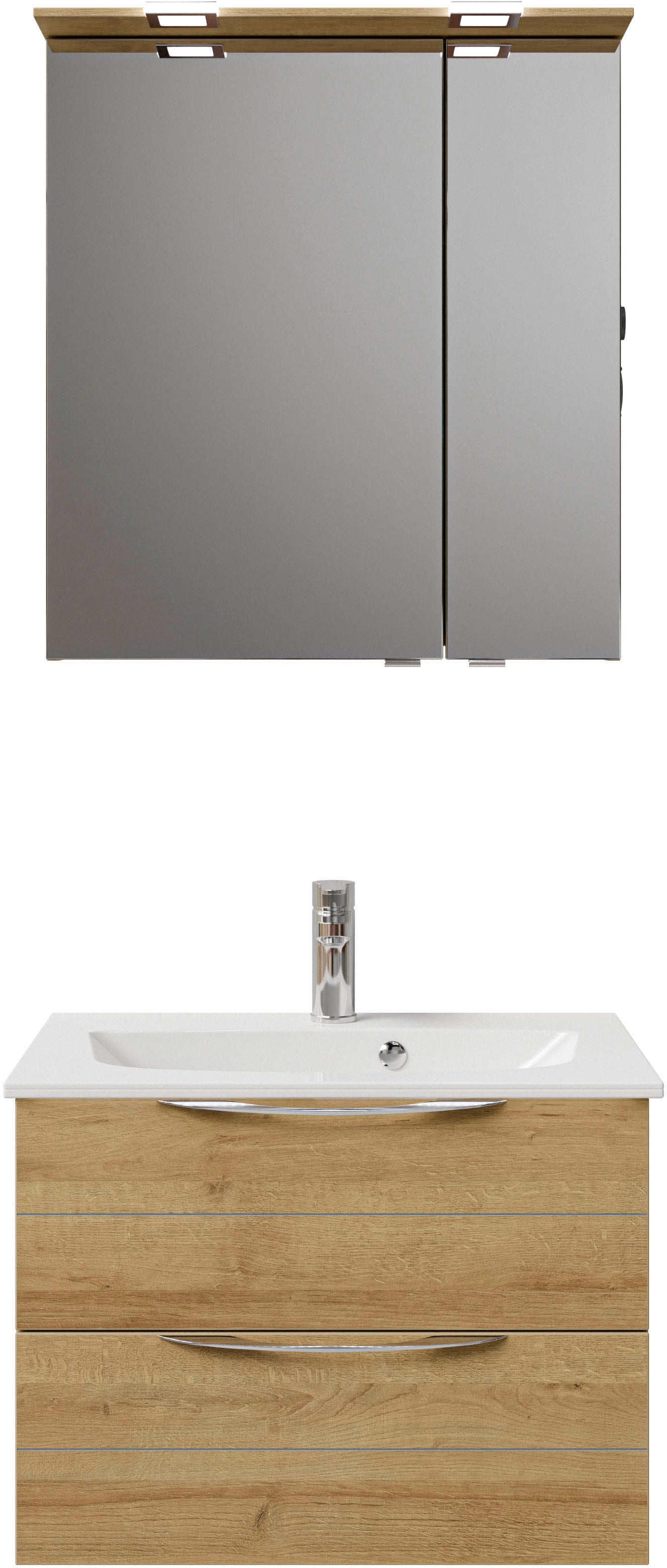 Saphir Badmöbel-Set »Serie 6025 2-teilig Mineralmarmor-Waschtisch mit LED-Spiegelschrank«, (2 St.), Waschplatz 67 cm breit, 2 Schubladen, 2 Spiegel-Türen, inkl Türdämpfer