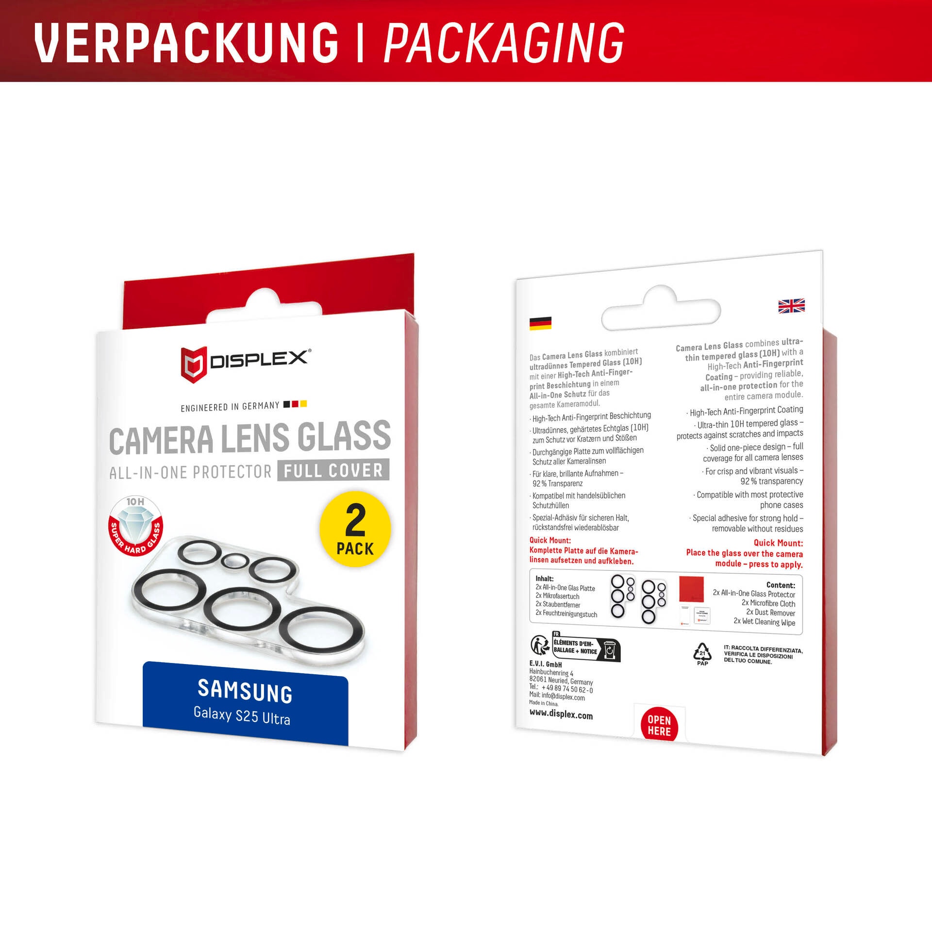 Displex Kameraschutzglas »Camera Lens Glass All-In-One Protector Full Cover« für Samsung Galaxy S25 Ultra Packung, 2x All-In-One Glas,  Objektivschutz, Kameraschutz, kratz- & stoßfest