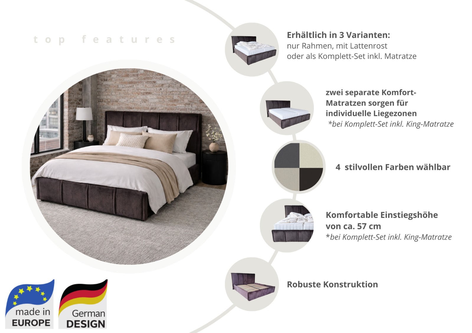 OTTO home Polsterbett »EVELLINA in der Größe 180x200 cm, mit flauschigem Stoff bezogen« wahlweise mit Lattenrost und King-Matratze (28cm)