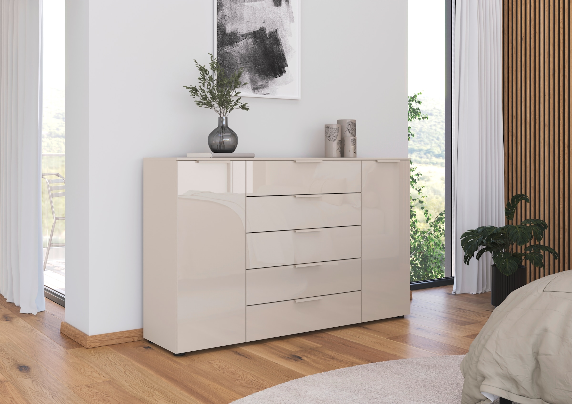 rauch Schubkastenkommode »Kommode Türkommode Sideboard Kombikommode FLIPP mit Glasfront«, (Breite 160/180 cm mit 4 Einlegeböden), 2-trg mit 5 Schubladen und Soft-Close, 2 Breiten MADE IN GERMANY