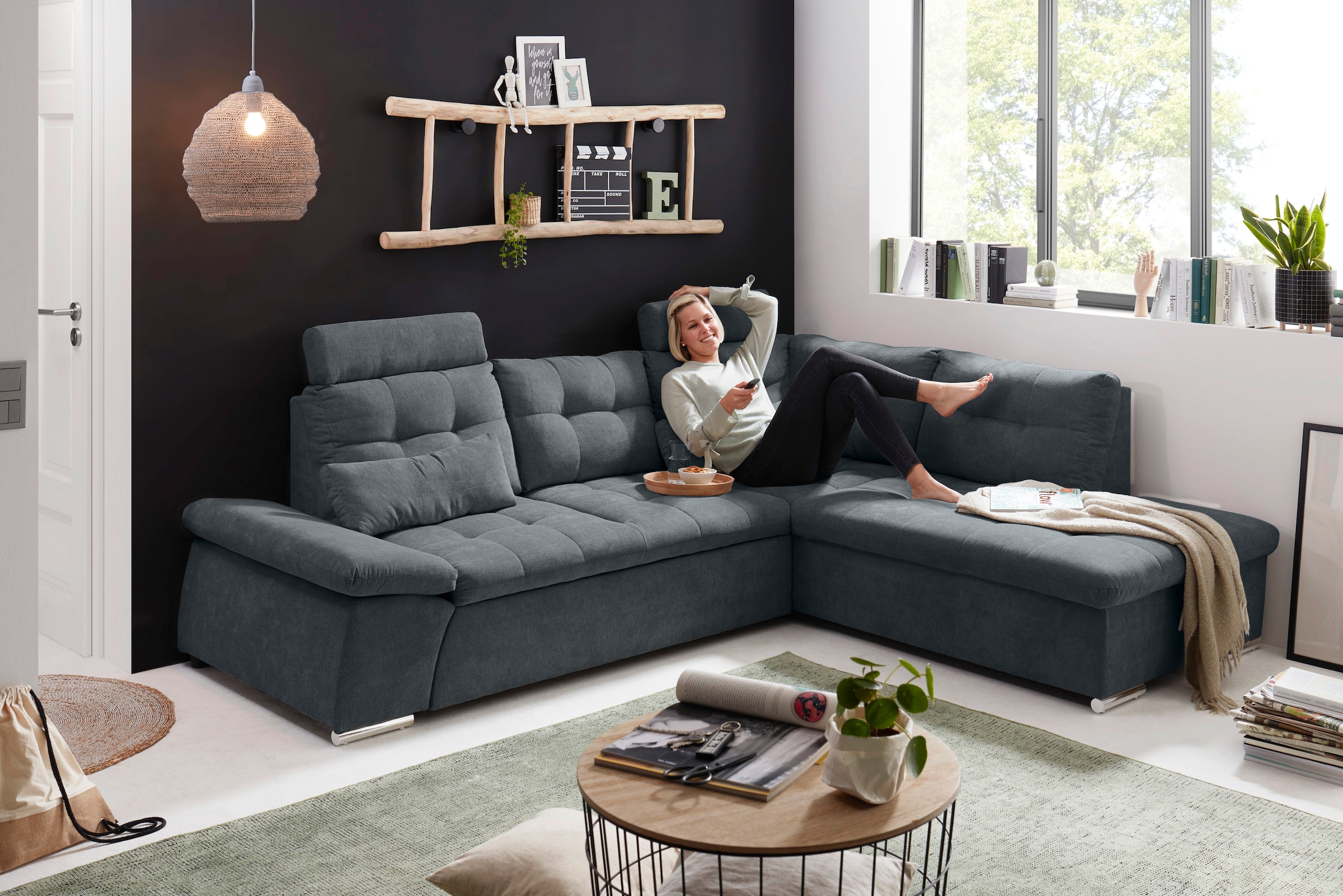 ED EXCITING DESIGN Ecksofa »Nalo L-Form«, mit Bettfunktion, Armteilverstellung, Kopfstützen & 2 Nierenkissen
