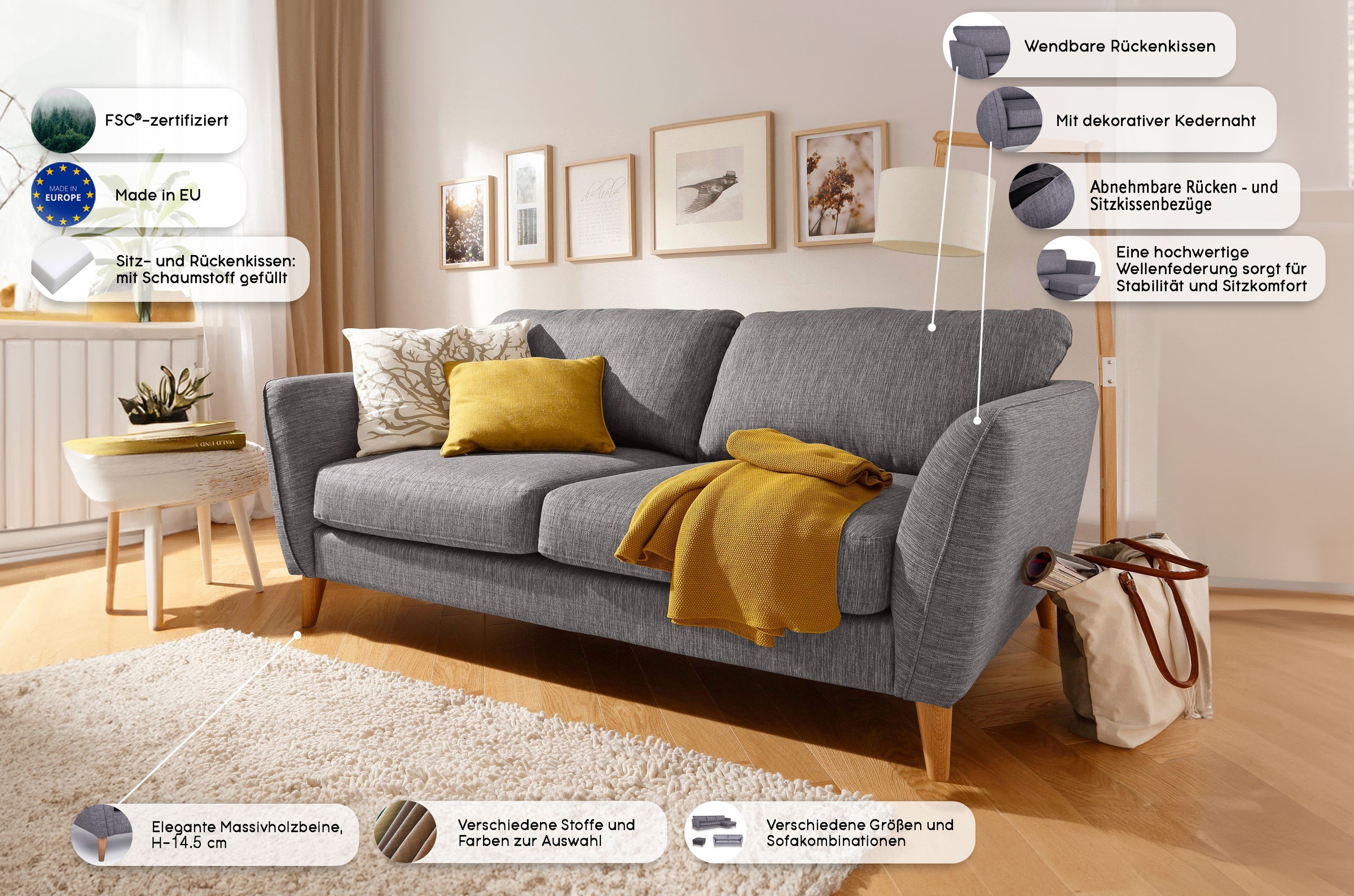 Home affaire 2-Sitzer »MARSEILLE Kompaktsofa 170 cm, Cord, Flachgewebe, Struktur, Webstoff«, Massivholzbeine Eiche, Landhausstil, Wellenunterfederung