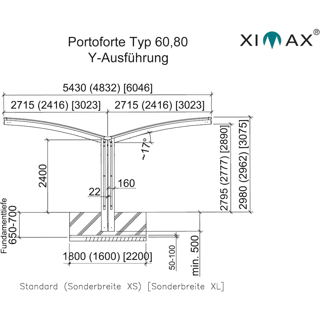 Ximax Doppelcarport »Portoforte Typ 60 Y-Edelstahl-Look«, Aluminium, 527 cm, edelstahlfarben