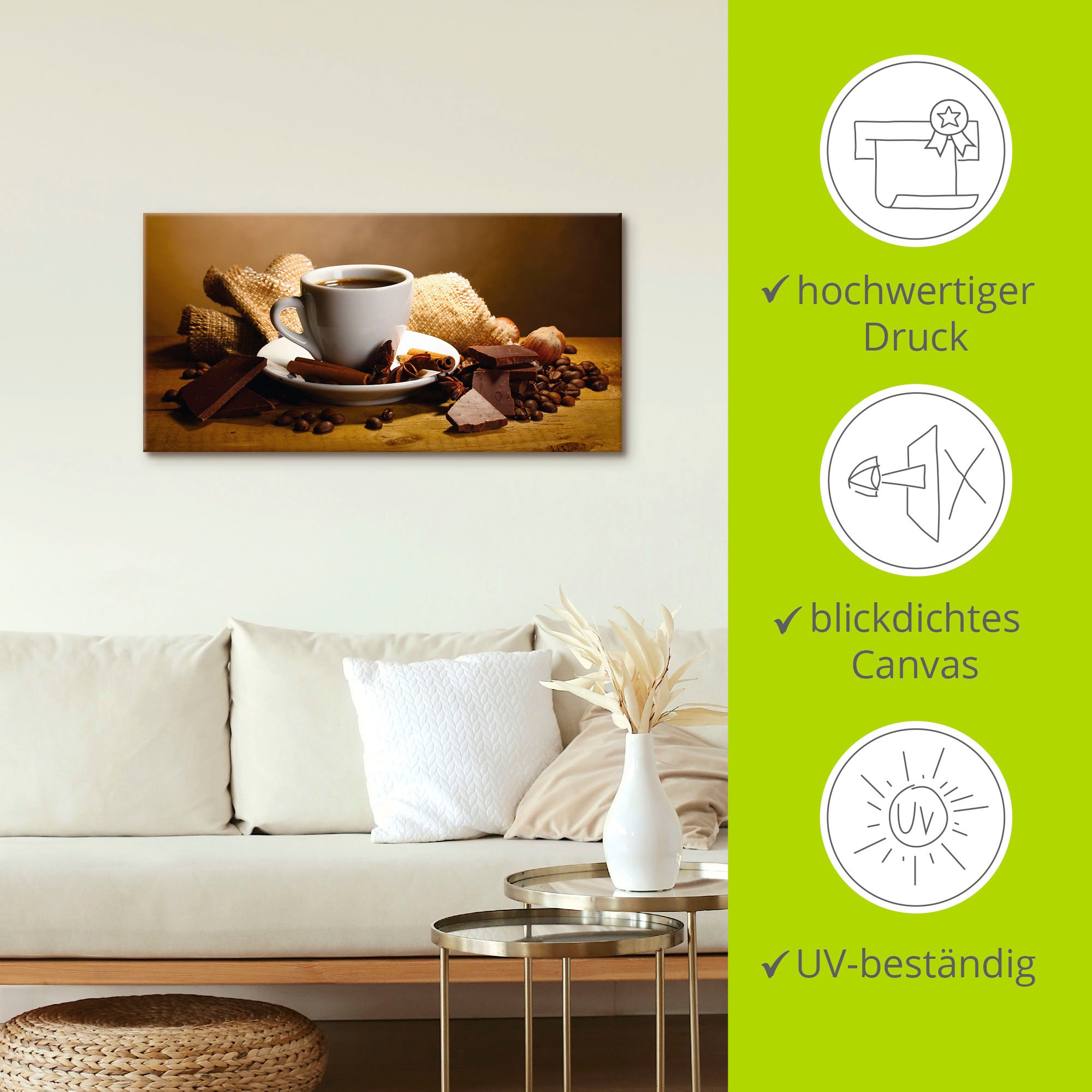 Artland Wandbild »Kaffeetasse Zimtstange Nüsse Schokolade«, Getränke, (1 St.), als Leinwandbild, Poster, Wandaufkleber in verschied. Größen