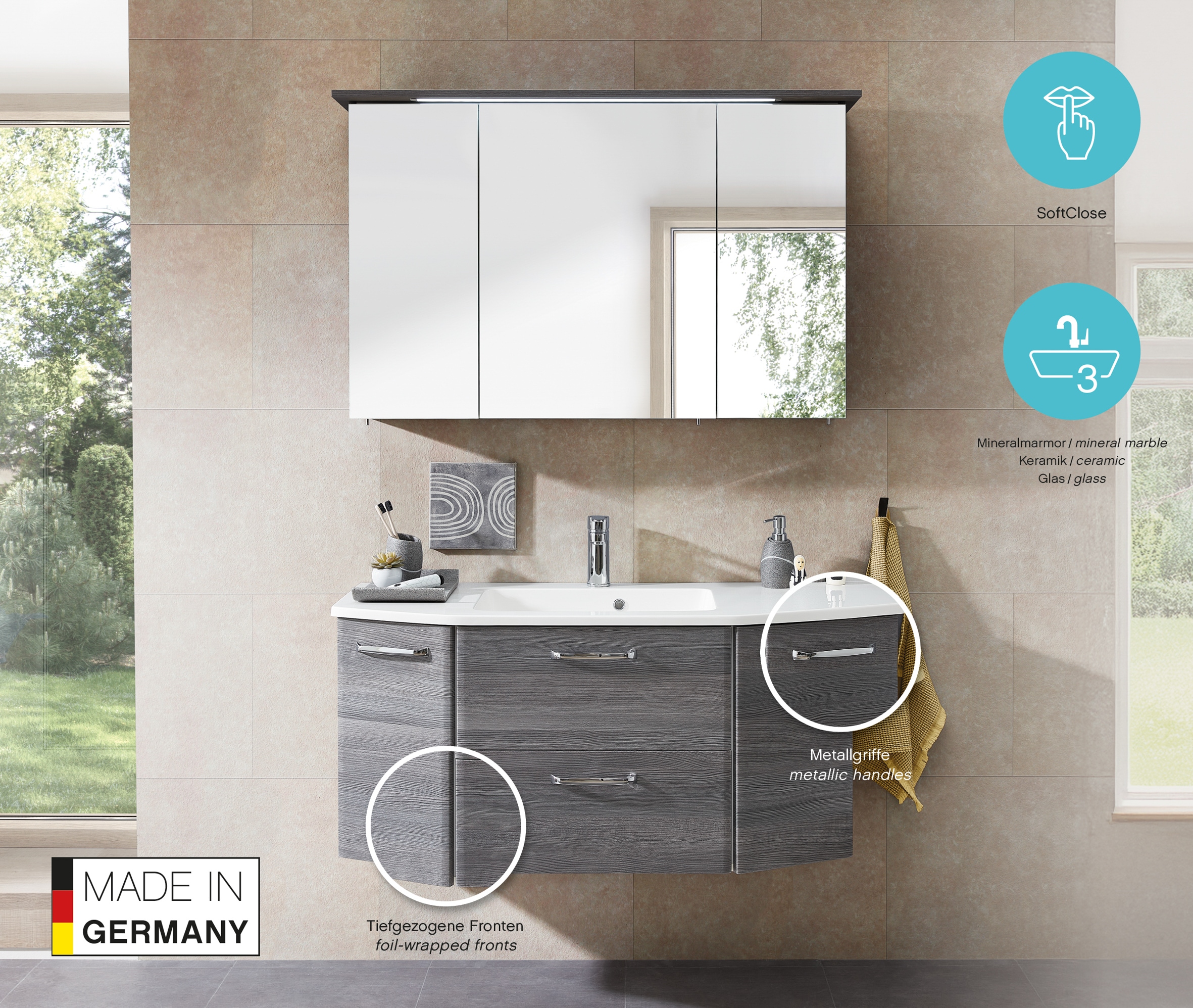 Saphir Waschtisch »Quickset Waschplatz inkl. Glaswaschtisch, 112 cm breit, 2 Türen« Unterschrank mit Waschbecken, inkl. Türdämpfer, Griffe Chrom Glanz