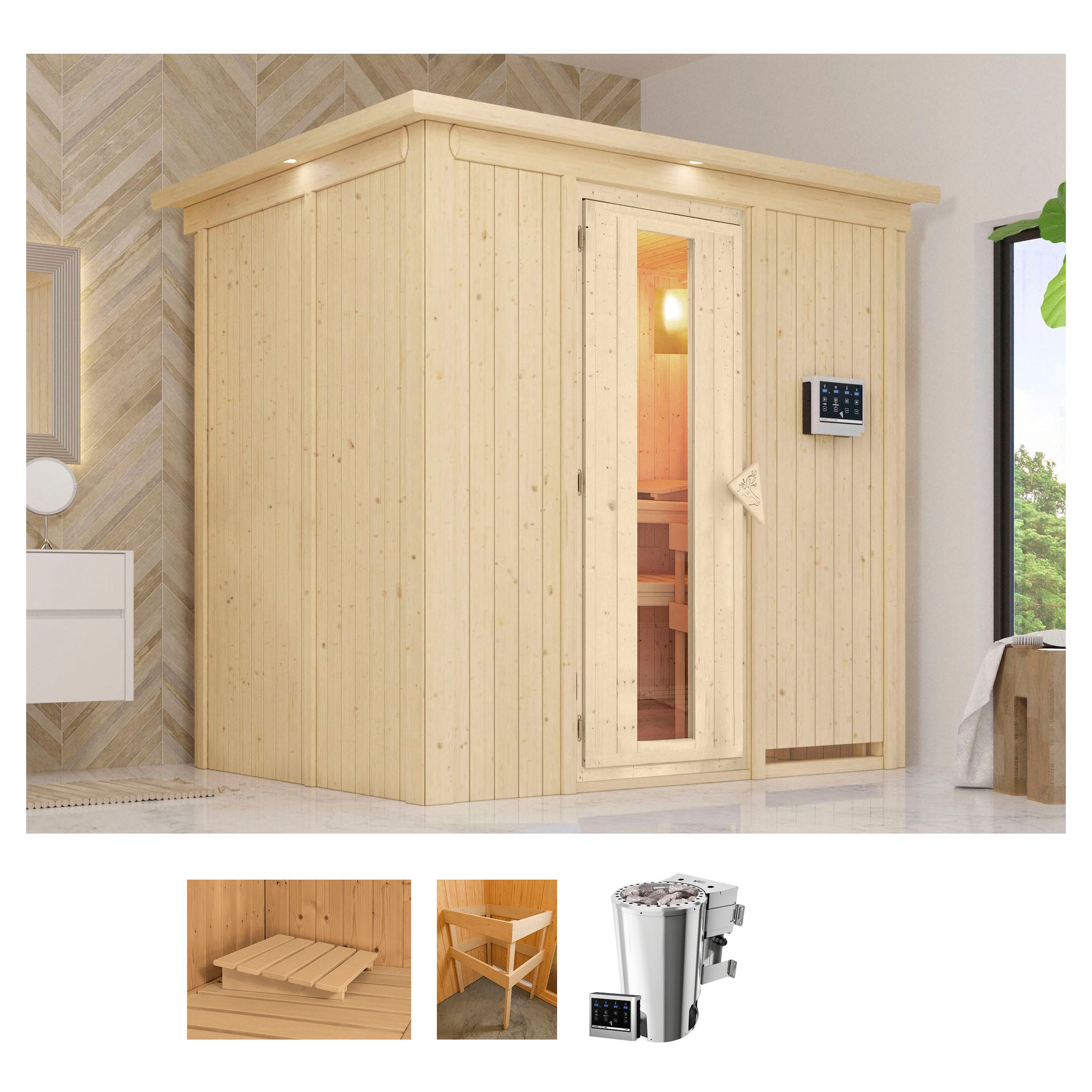 Karibu Sauna »Bellin«, (Set), 3,6-kW-Plug & Play BIO-Ofen mit ext. Steuerun günstig online kaufen