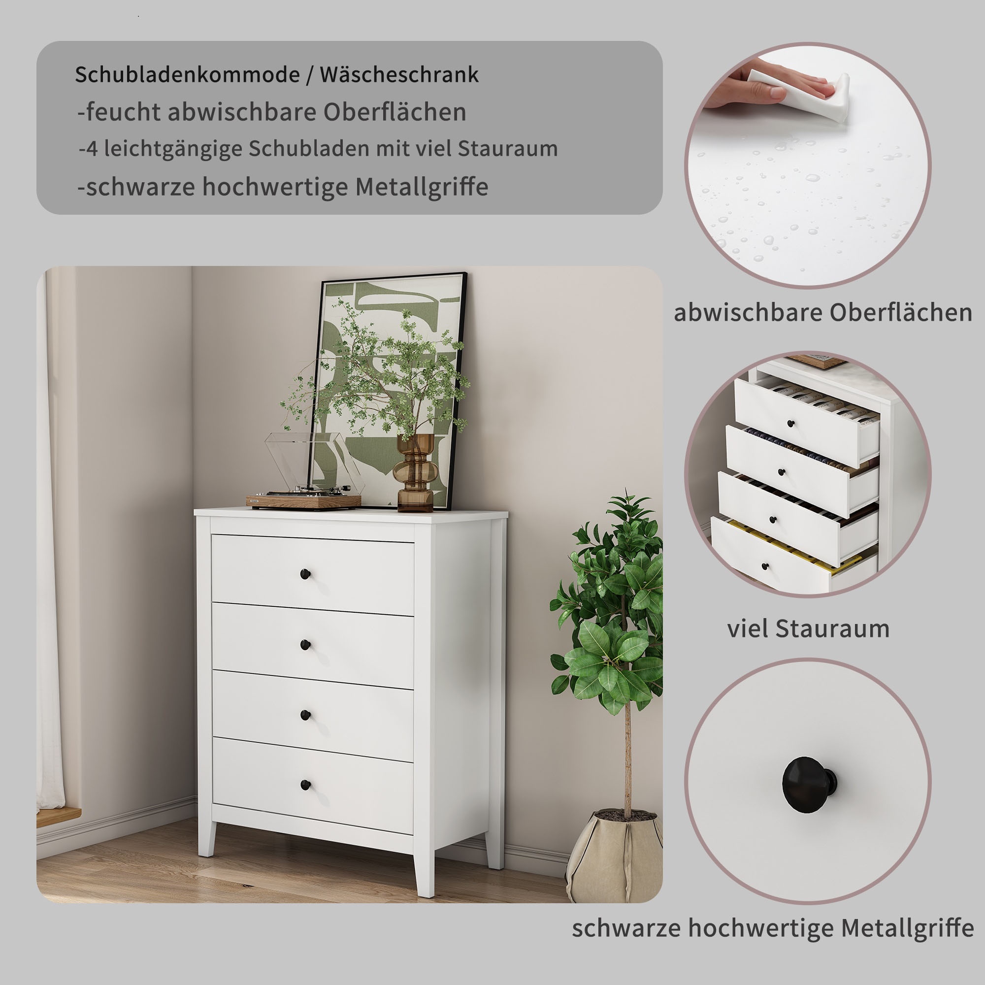 OTTO home Schubkastenkommode »Borkum Sideboard mit 4 Schubladen Bestseller Landhaus weiß« hochwertige schwarze Griffe aus Metall, 