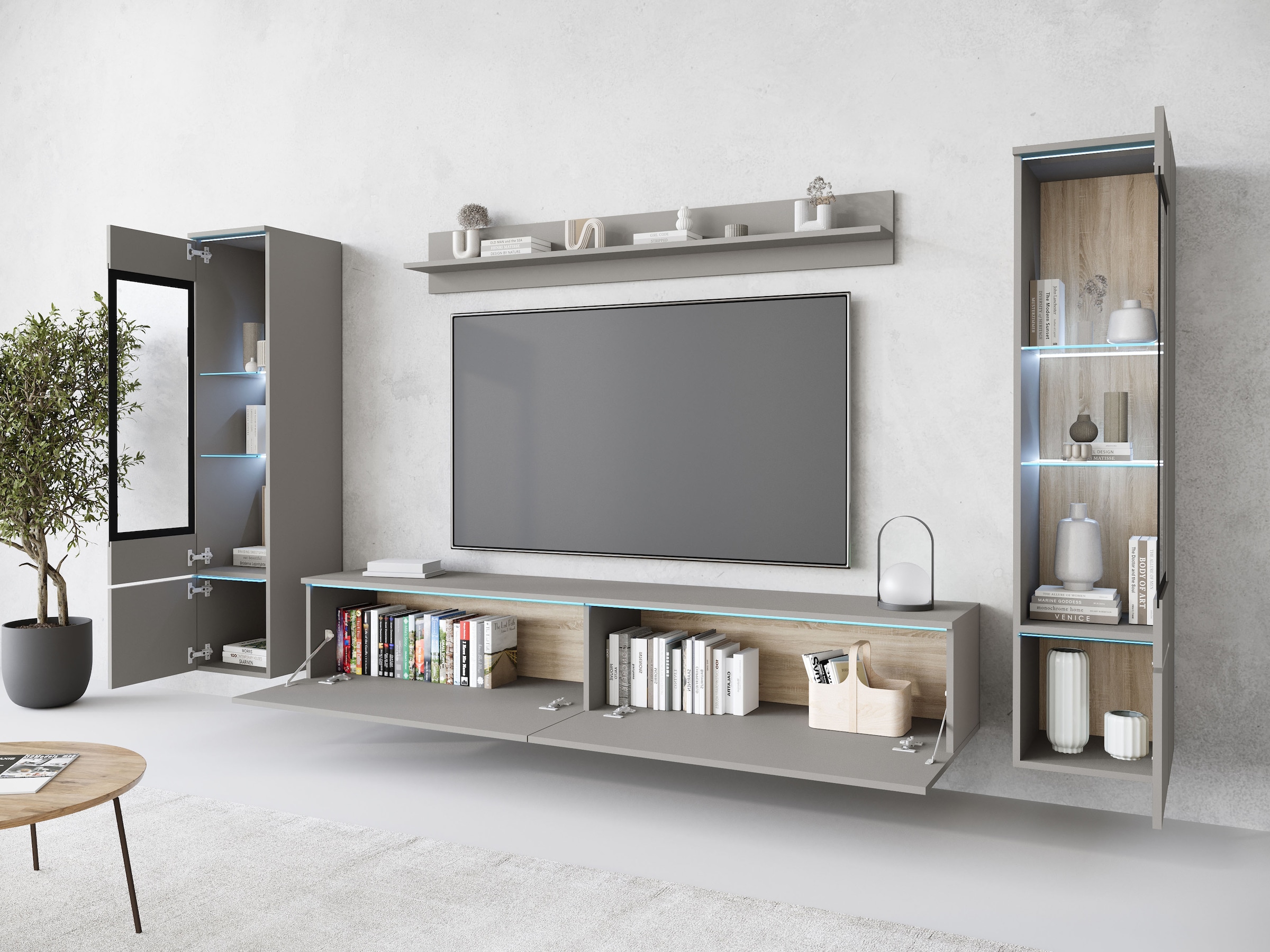 INOSIGN Wohnwand »VERA II, Vitrinen Türanschlag wechselbar«, (Komplett-Set, 4 St.), Mediawand 260 cm, Vitrine mit Verglasung, stehend und hängend