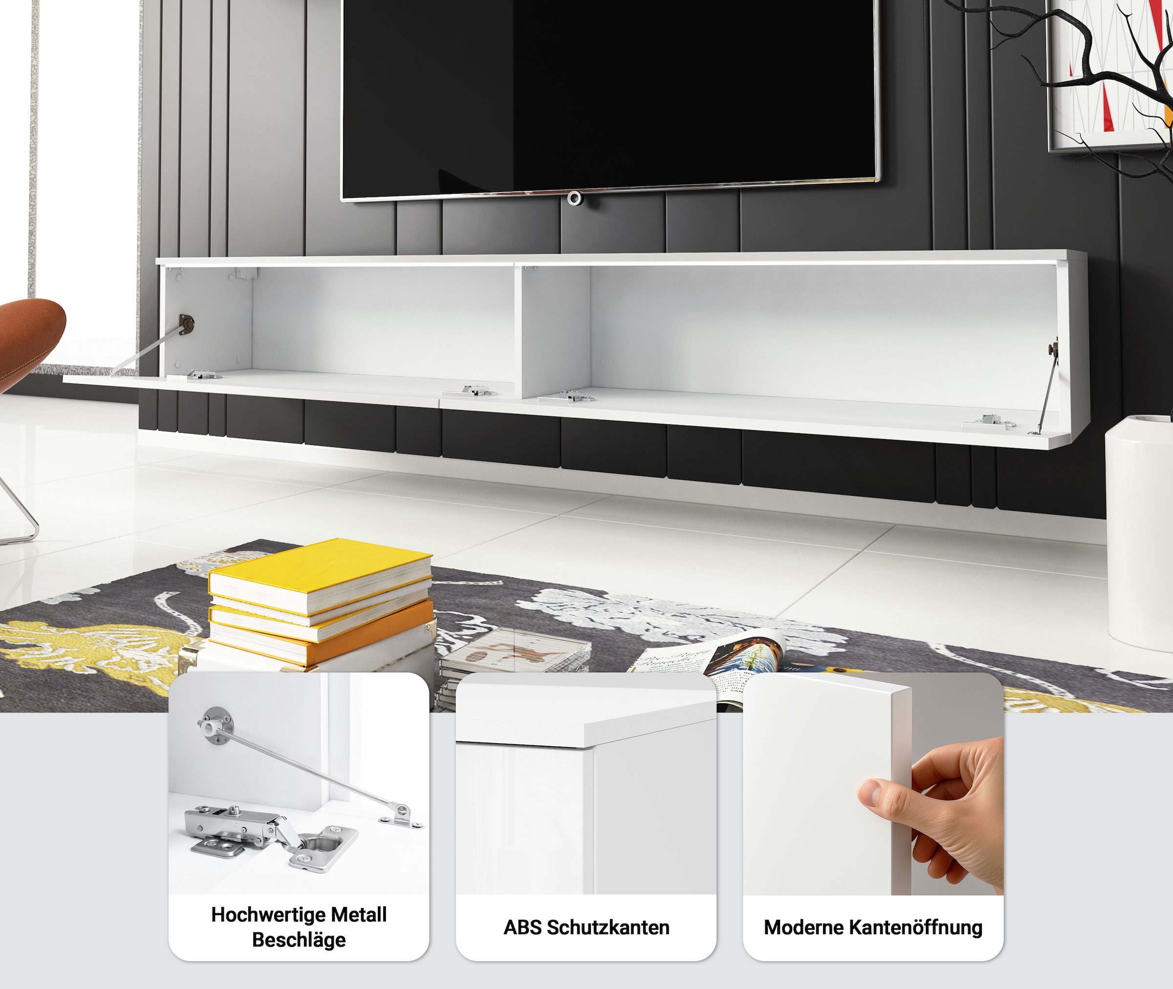 INOSIGN Lowboard »LOWBOARD VERA, wahlweise mit oder ohne Beleuchtung«, Modernes griffloses TV-Board, 180 cm TV-Schrank, stehend und hängend