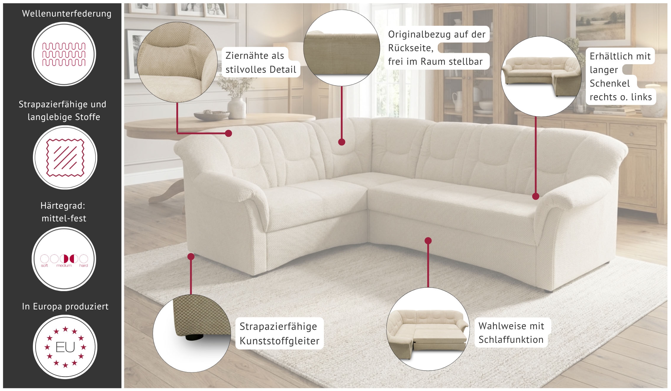 OTTO home Ecksofa »Langeland 232 x 146 cm, auch mit Schlaffunktion, mit Federkern, L-Form« mittelfester Sitzkomfort, aus pflegeleichtem, weichem Microfaser Bezug