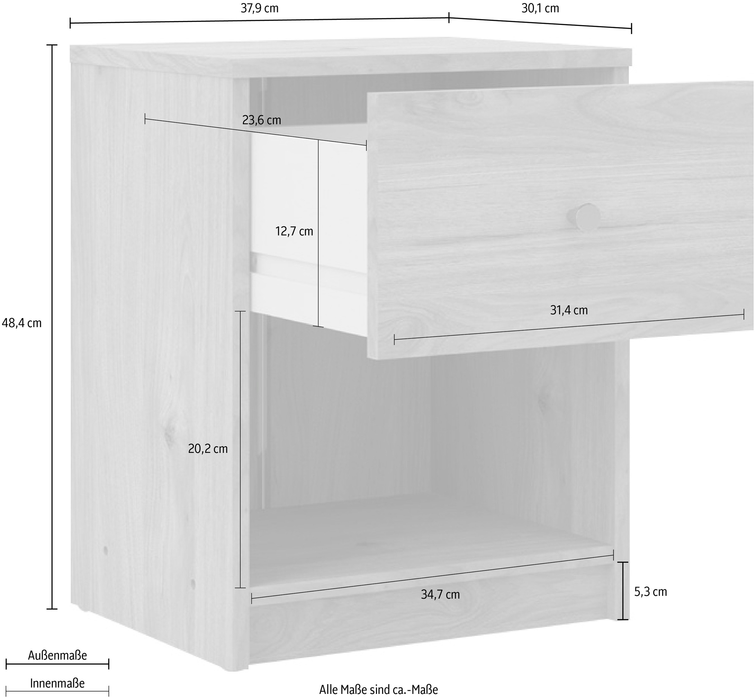 Home affaire Nachtkommode »May, Nachttisch, Nachtschrank, Beistelltisch,«, mit 1 Schublade und einem offenen Fach, Breite 38 cm, Höhe 48 cm
