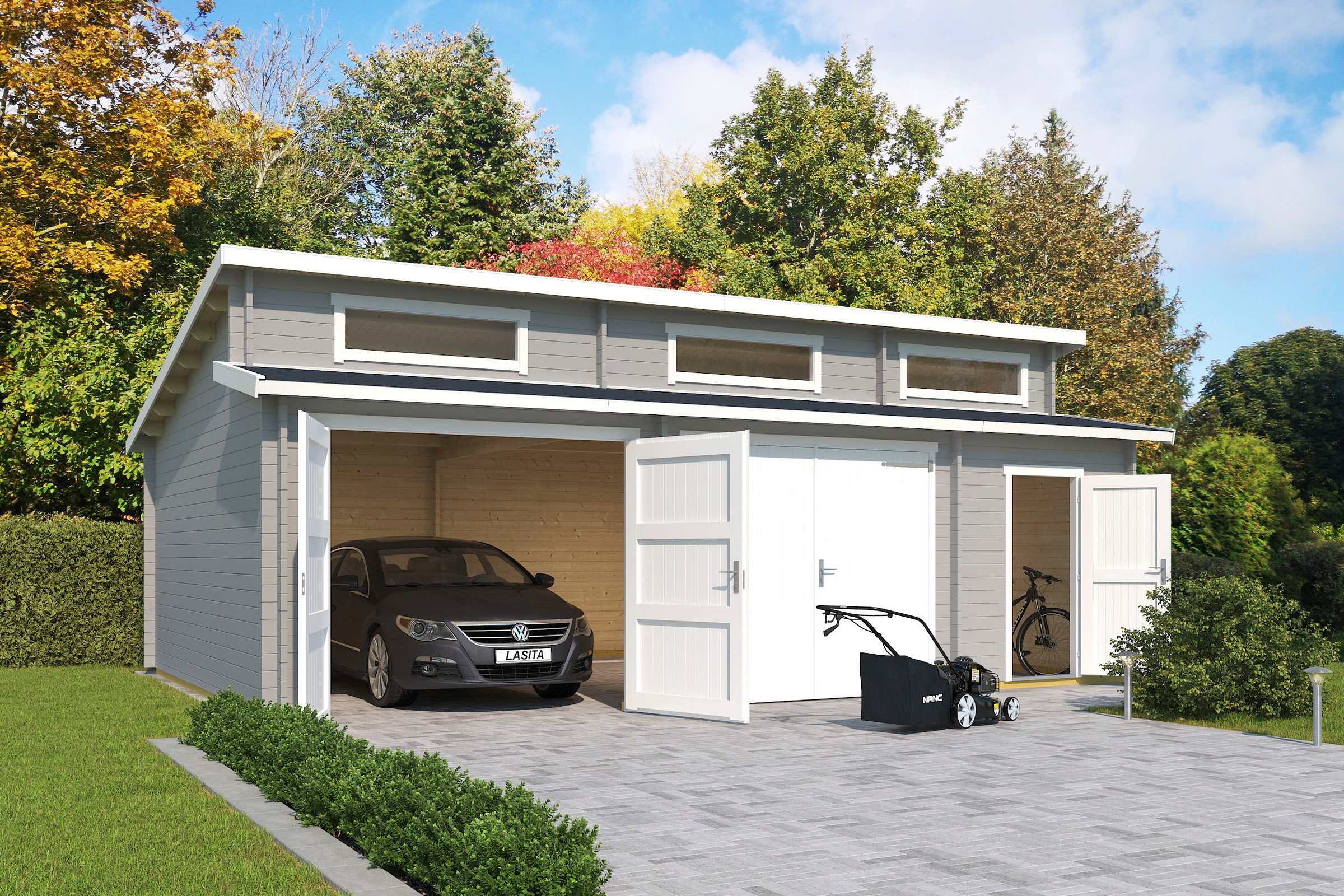 LASITA MAJA Garage »Hawaii«, (Set, Für 2 Fahrzeuge geeignet), Garage + 2 Holztoren