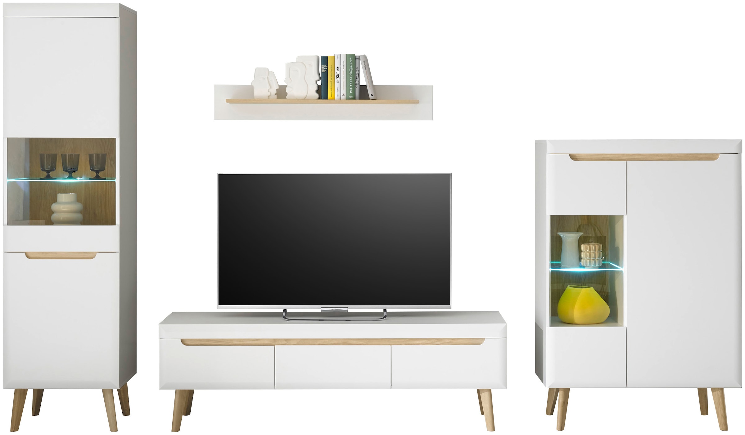 INOSIGN Wohnwand »Torge, Anbauwand, Schrankwand, Mediawand, Wohnzimmer-Set«, (Set, 4 St.), enthält 2 Vitrinen, 1 Lowboard, 1 Wandboard, 343 cm breit