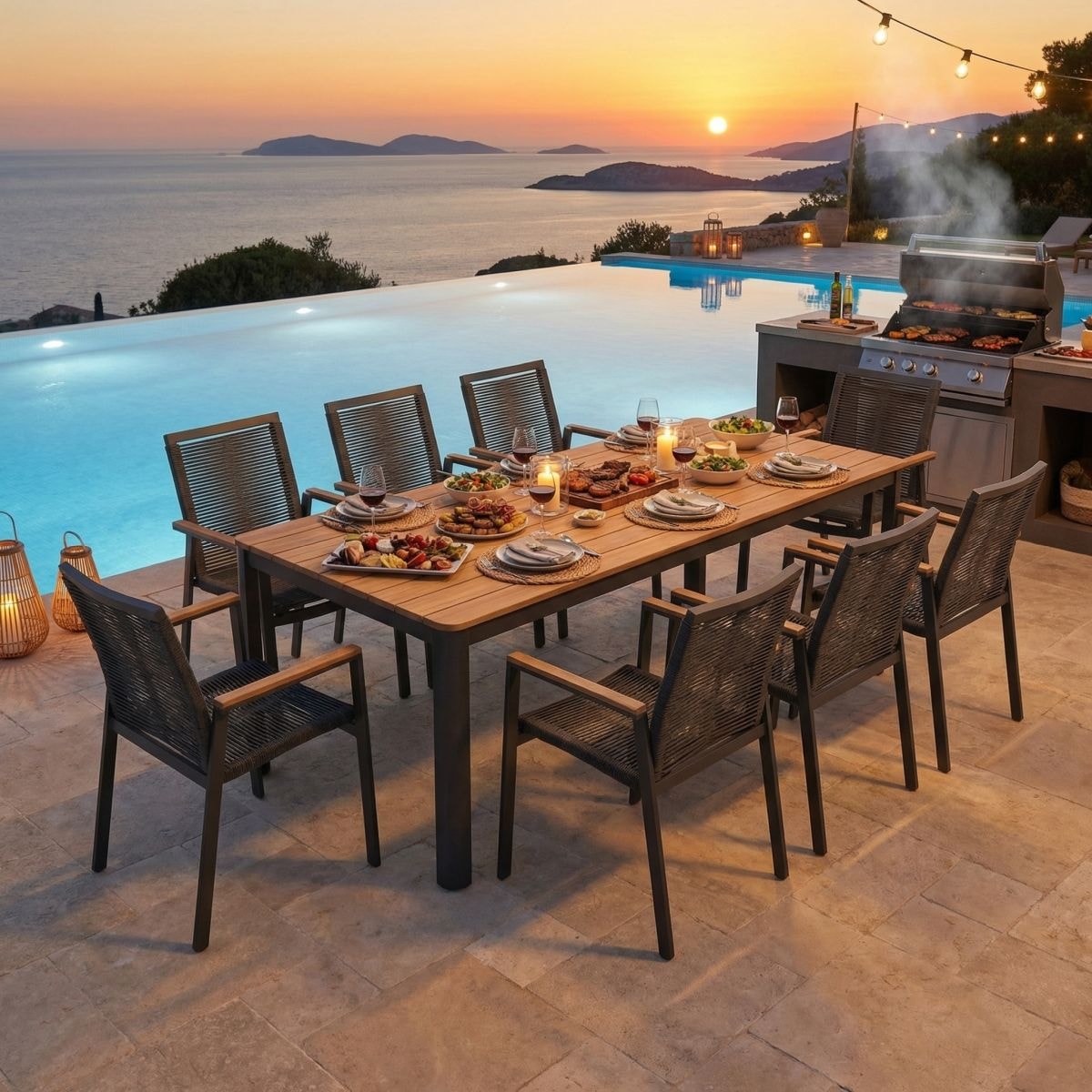 Ambiente Haus Garten-Essgruppe »Garten 8er Set 220x95cm grau« Set, 9 tlg.