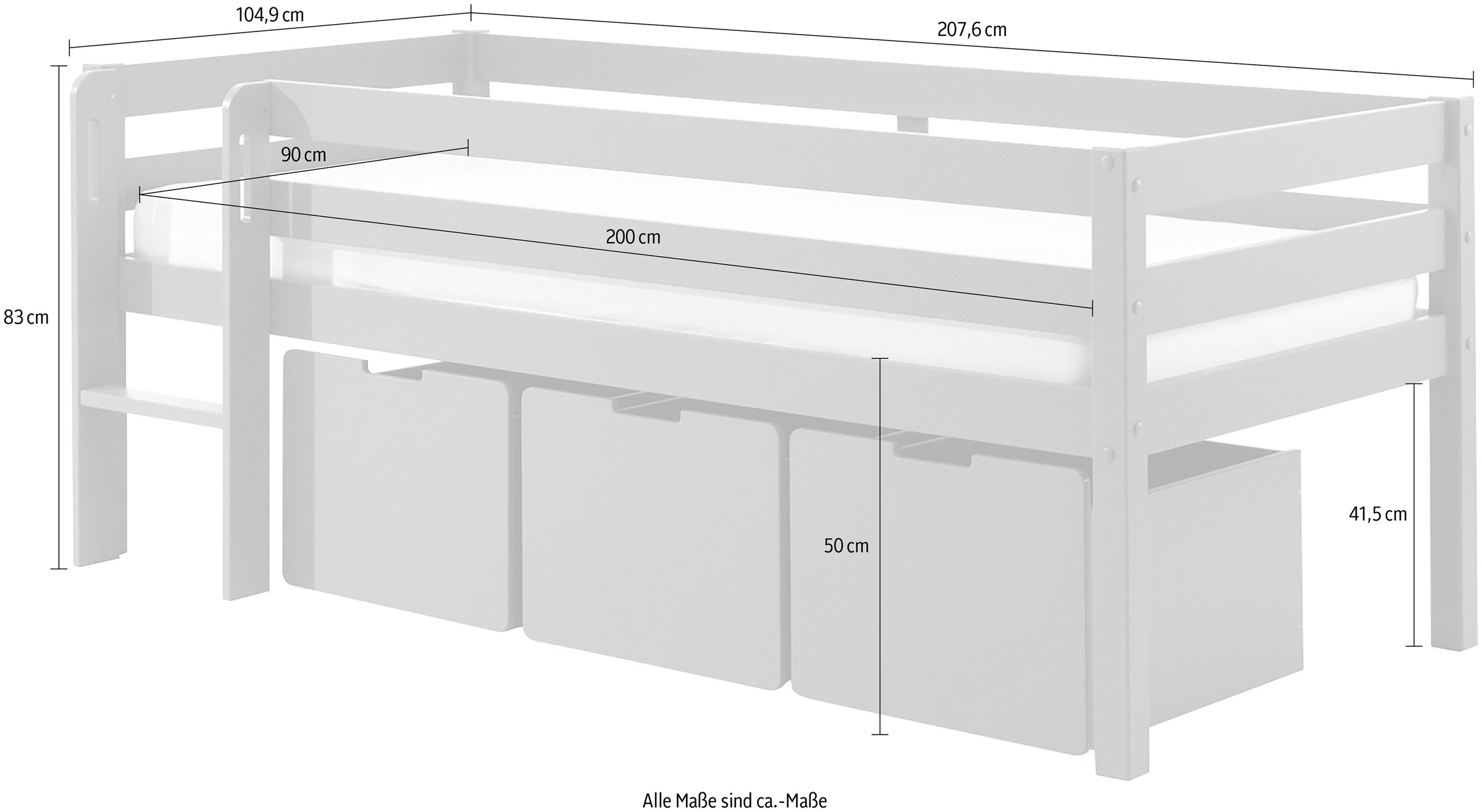 Vipack Spielbett »Vipack Pino«, Niedriges Spielbett mit LF 90 x 200 cm, mit Leiter und 3 Rollboxen