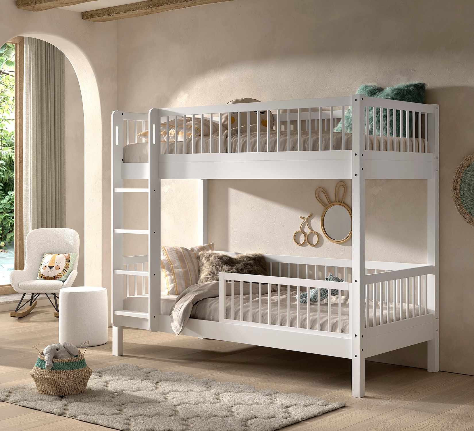 Home affaire Etagenbett »Buche massiv weiß, Made in Europe, langlebige Qualität«, (B/H/T ca. 208x176x98cm, Schublade+unterer Rausfallschutz optional), 2 Lattenroste, wahlweise mit oder ohne Bettschublade und Absturzschutz