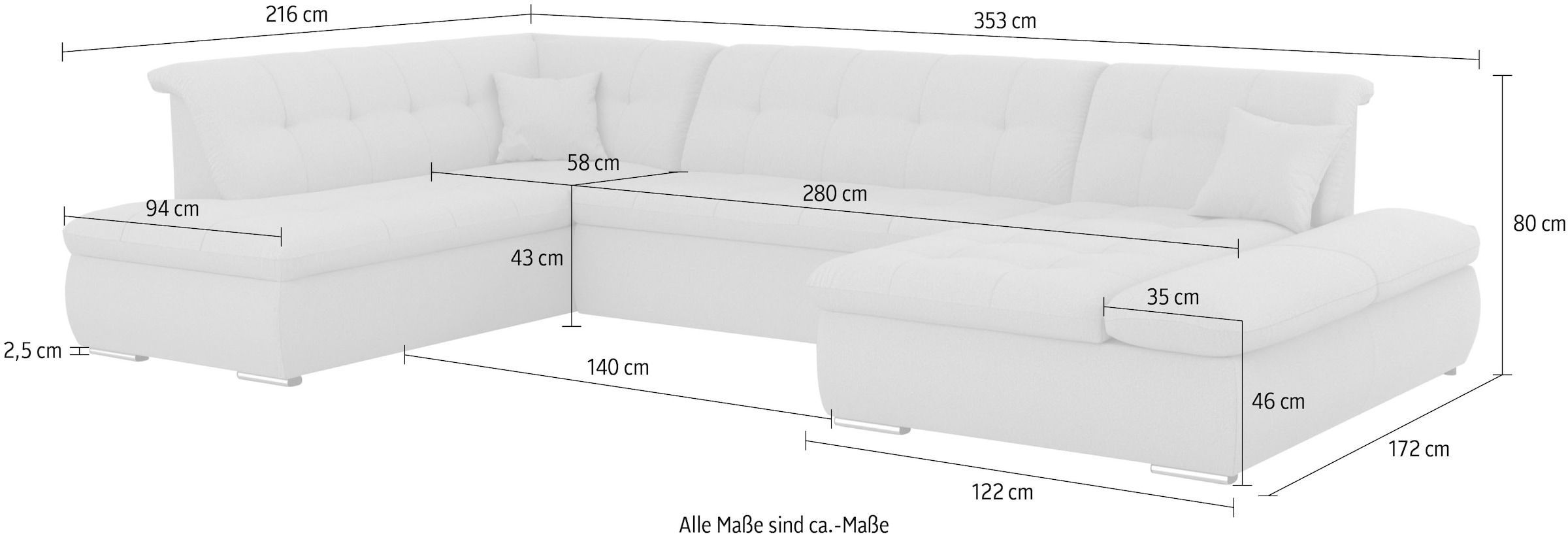 DOMO collection Wohnlandschaft »Moric U-Form auch in Cord«, im XXL-Format, wahlweise mit Bettfunktion und Armlehnenverstellung