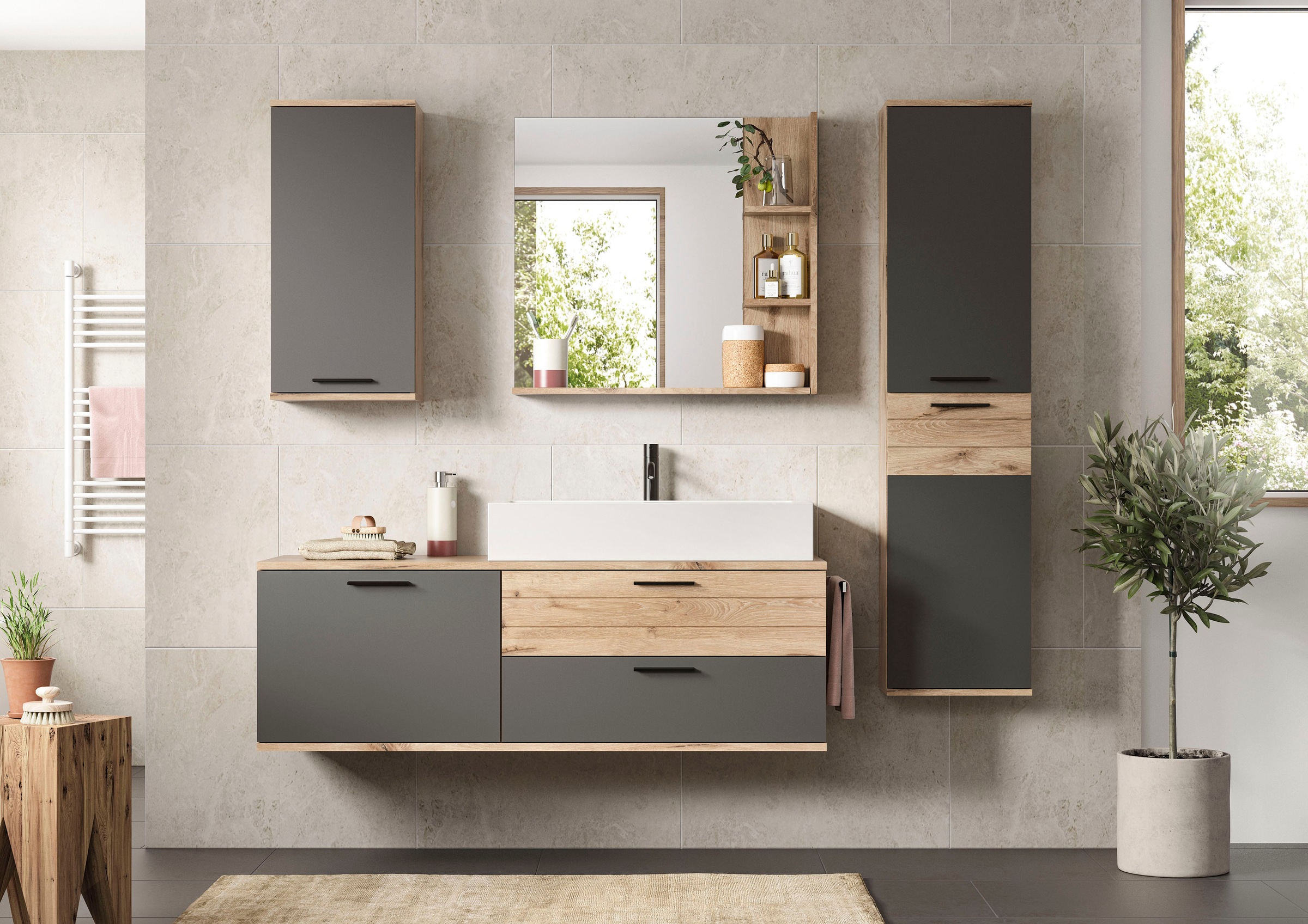 INOSIGN Badmöbel-Set »Riga, 4 teilig, inklusive Keramik-Aufsatzwaschbecken, bestehend aus:«, (Set, 4 St.), Waschtisch-Set, Hängeschrank, Badspiegel, Midischrank