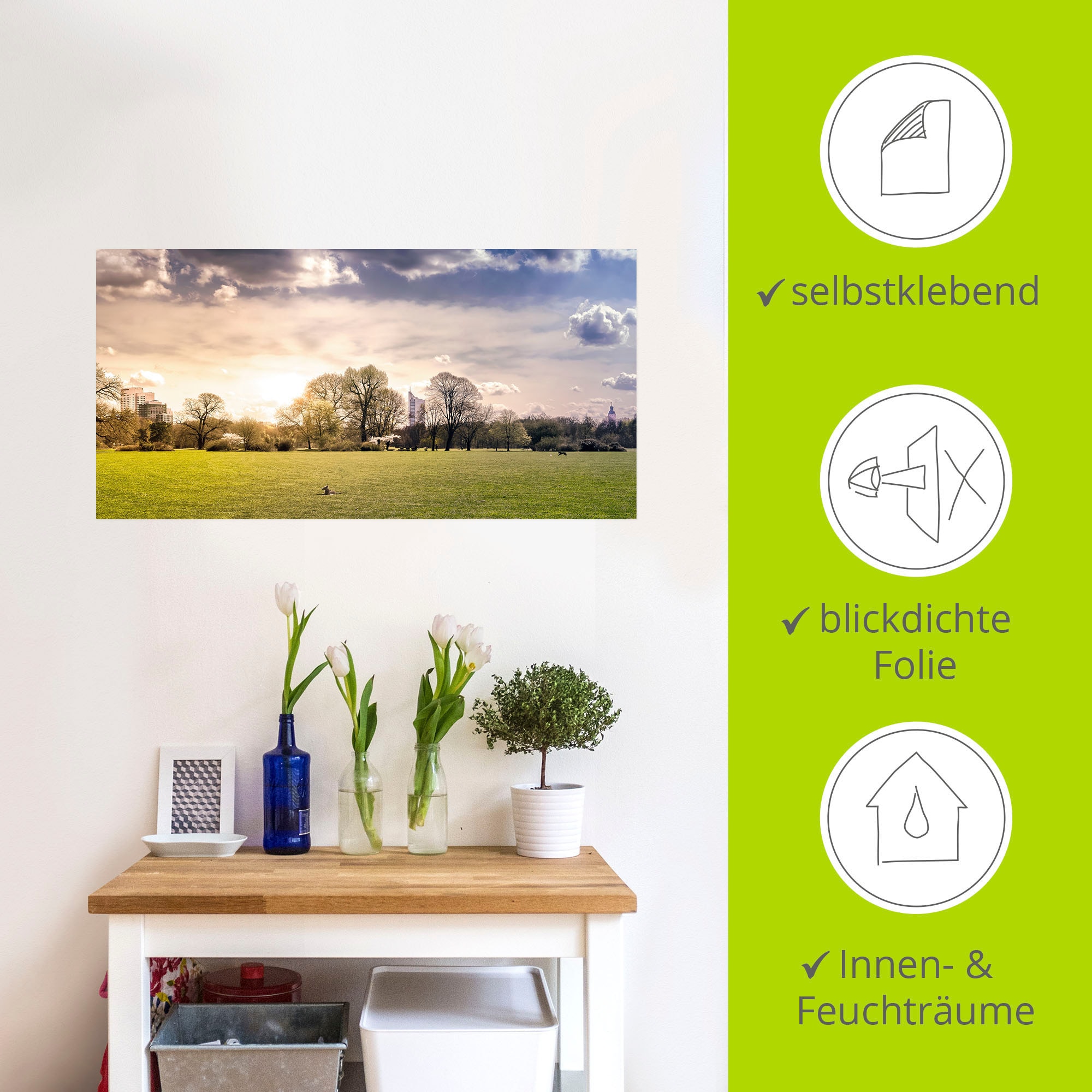 Artland Wandbild »Rosentalwiese Leipzig mit Hund & Skyline«, Wiesen & Baumbilder, (1 St.), als Alubild, Leinwandbild, Wandaufkleber oder Poster in versch. Größen