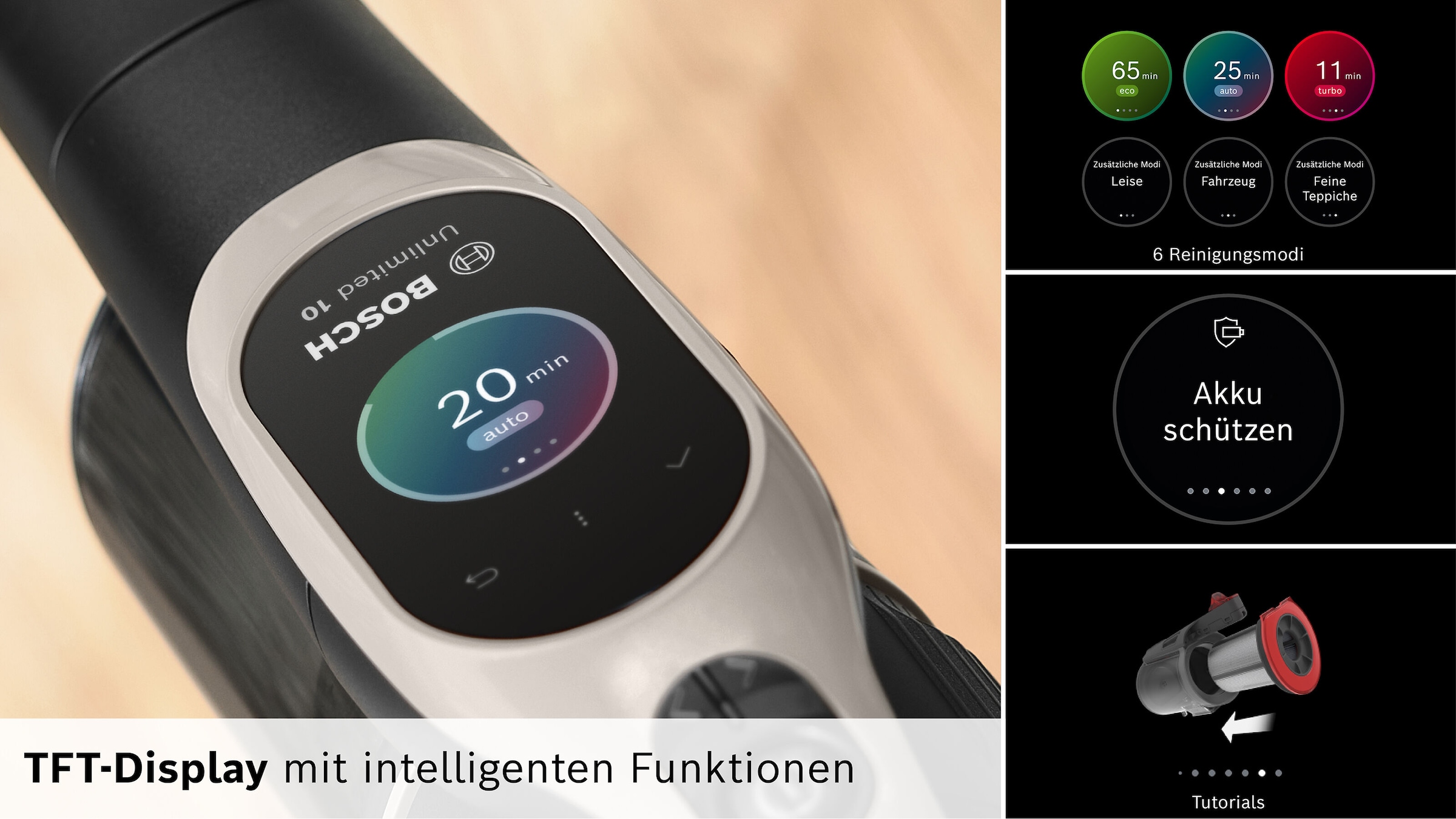 BOSCH Akku-Stielstaubsauger »Unlimited 10 BKS1051GQC, MicroClean™ Technology, Display, Knickrohr«, HEPA-Filtersystem, 10 Jahre Motorgarantie, Schnellladegerät, grau
