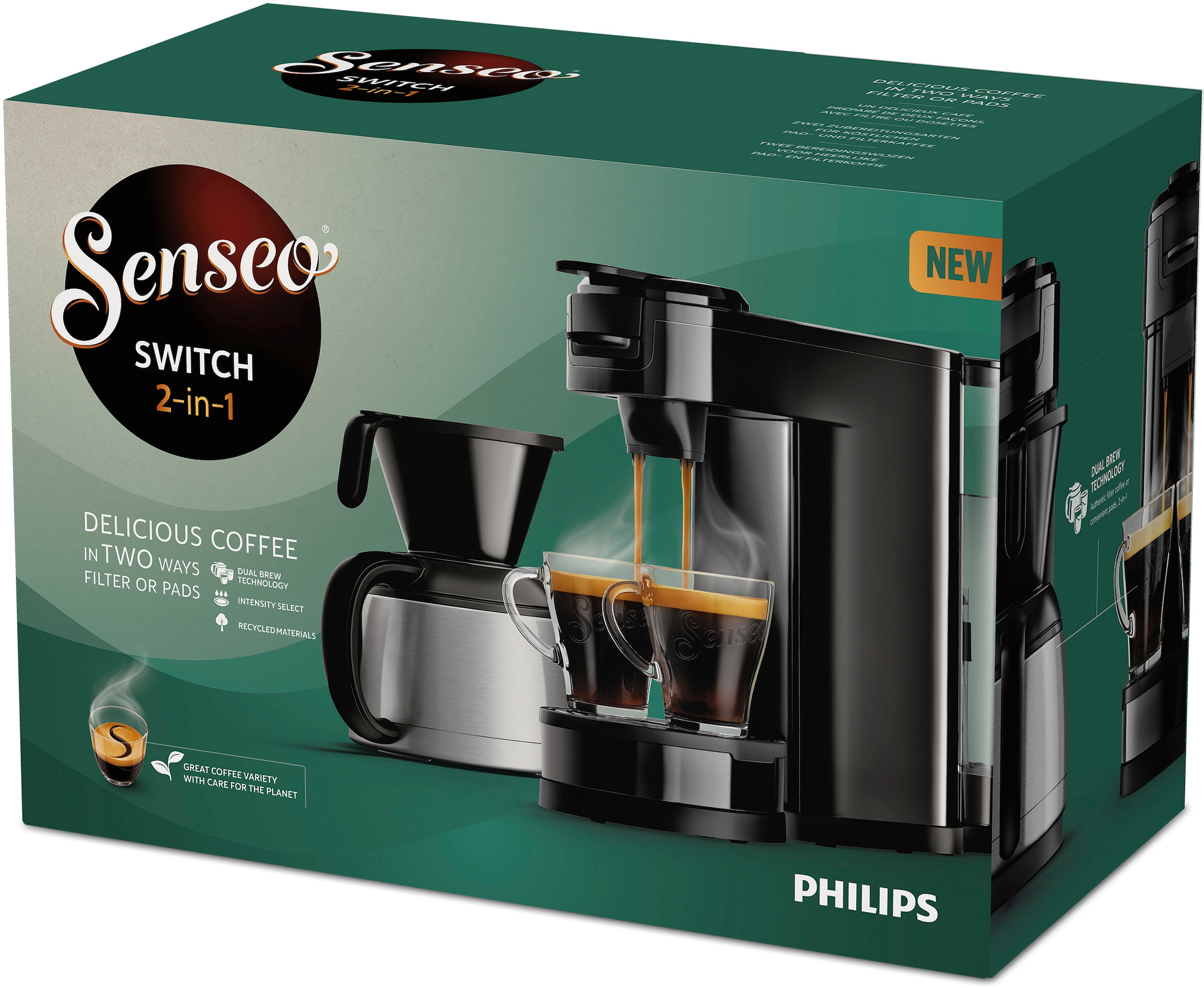 Philips l bestellen HD6592/64, Wert Plastik, »Switch online Plus, Kaffeepaddose €9,90 1 UVP recyceltem Senseo 26% Kaffee Kaffeekanne, Crema Technologie«, inkl. Boost Kaffeepadmaschine