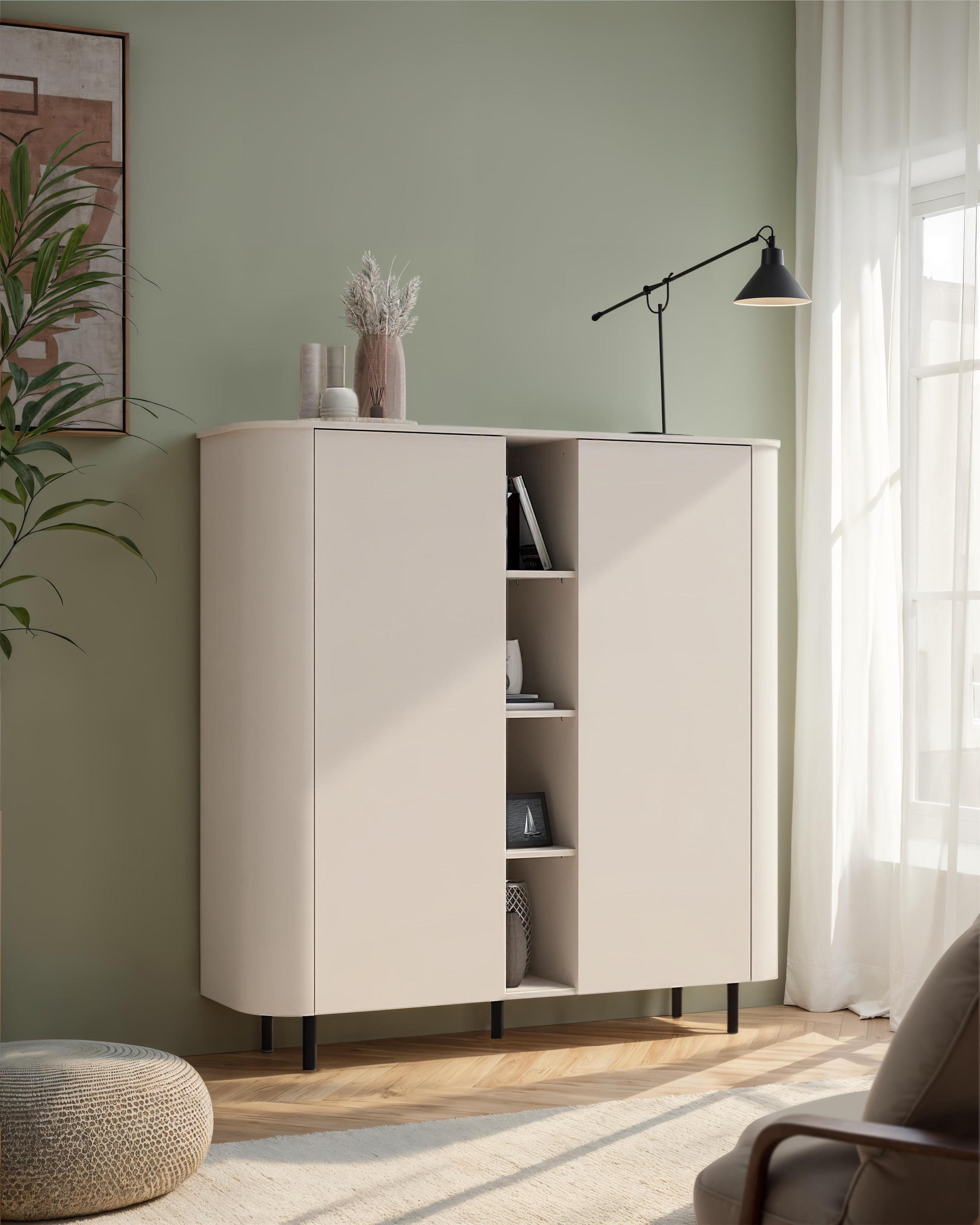 INOSIGN Highboard »Lido, B/H 150/154 cm, 2 Türen, 4 offene Fächer, Stauraumschrank« Formgebogenes MDF, Stirnseiten mit Rundung, Push-to-open, Metallfüße