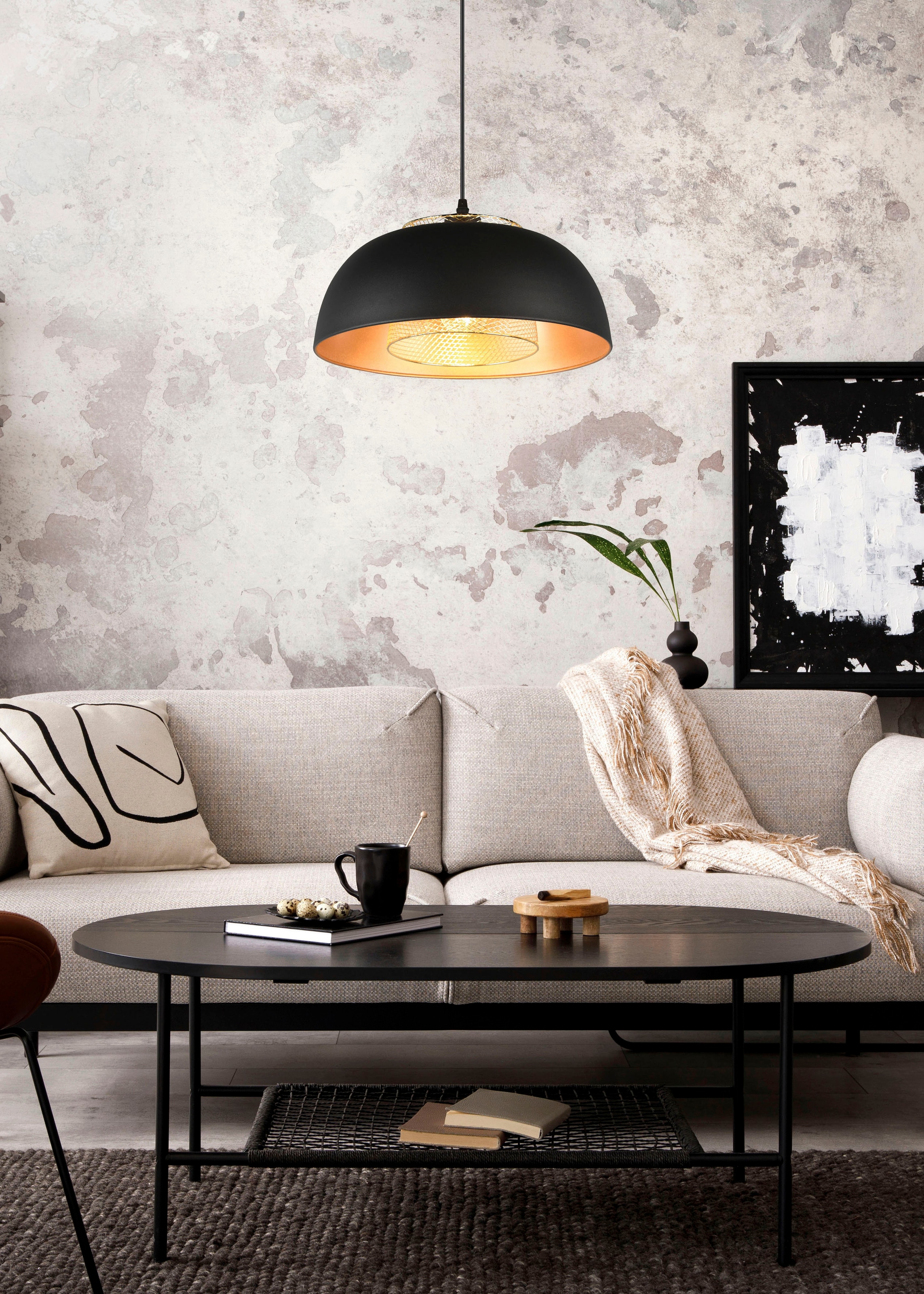 REALITY Leuchten Pendelleuchte »Punch«, 1 flammig, Leuchtmittel E27 | ohne Leuchtmittel, Industrie-Look mit Doppelschirm schwarz-gold, exkl 1xE27 max 40W