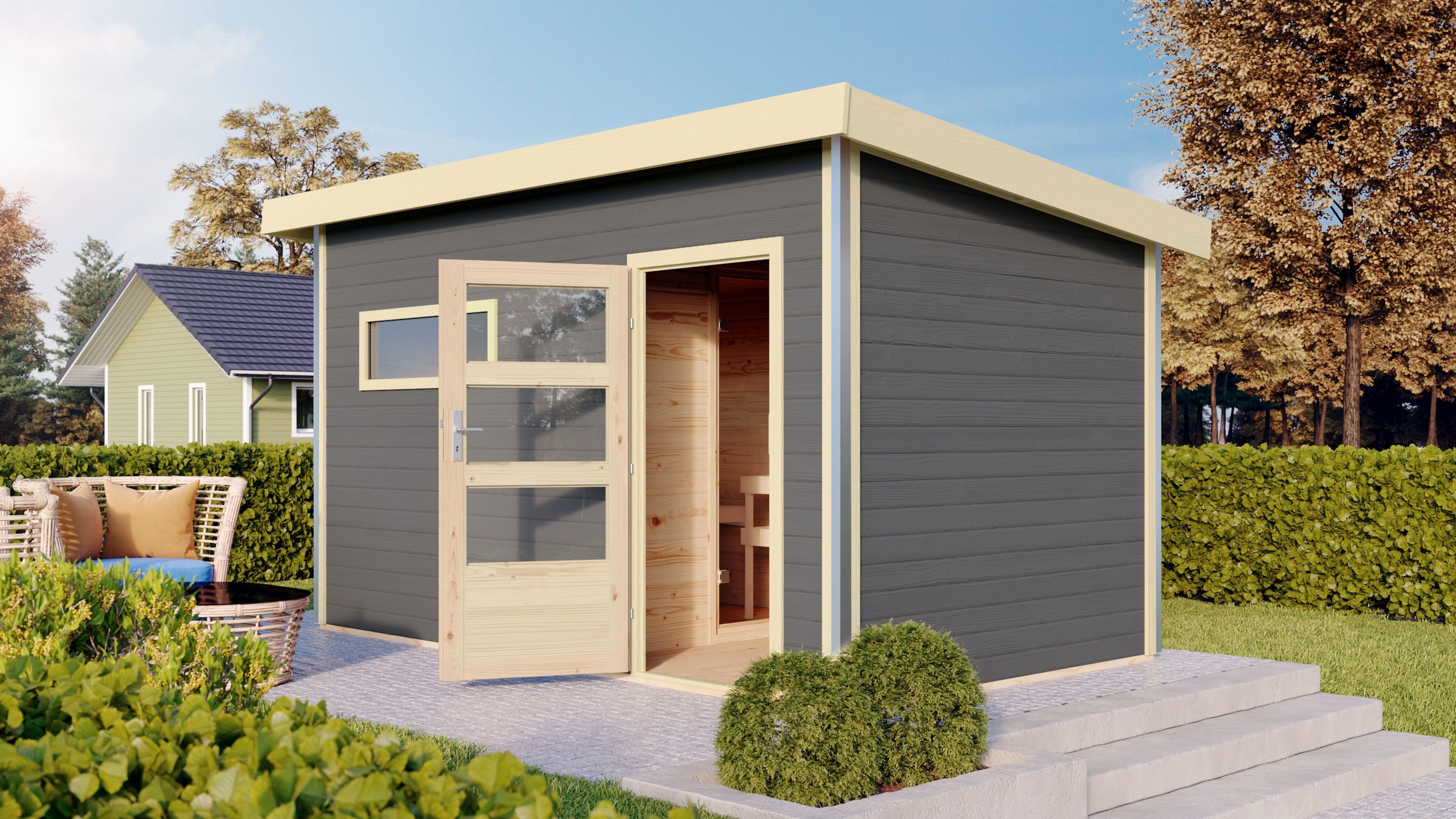 Karibu Saunahaus »»Simon 3« mit moderner Tür, terragrau« Set, Mit 9 kW Ofen günstig online kaufen