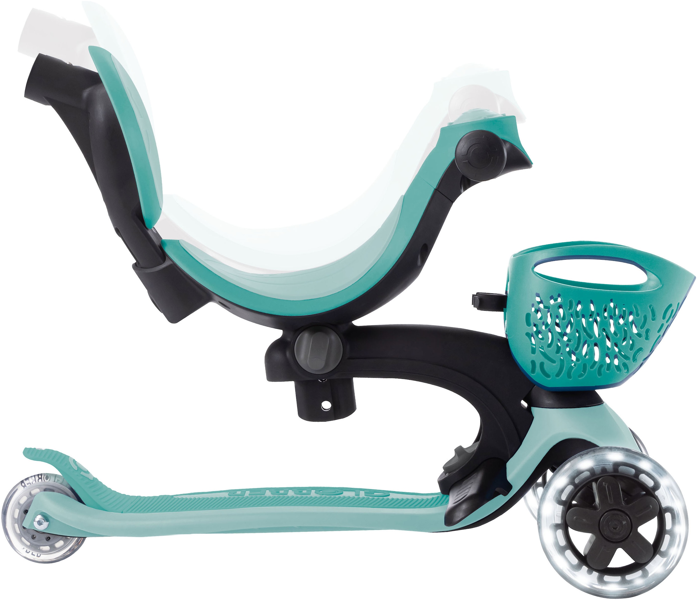 Globber Tretroller »GO-UP BABY 360 LIGHTS, mit Leuchtrollen und Leuchtmodul« Aufsitzrad, Laufrad und Scooter in Einem