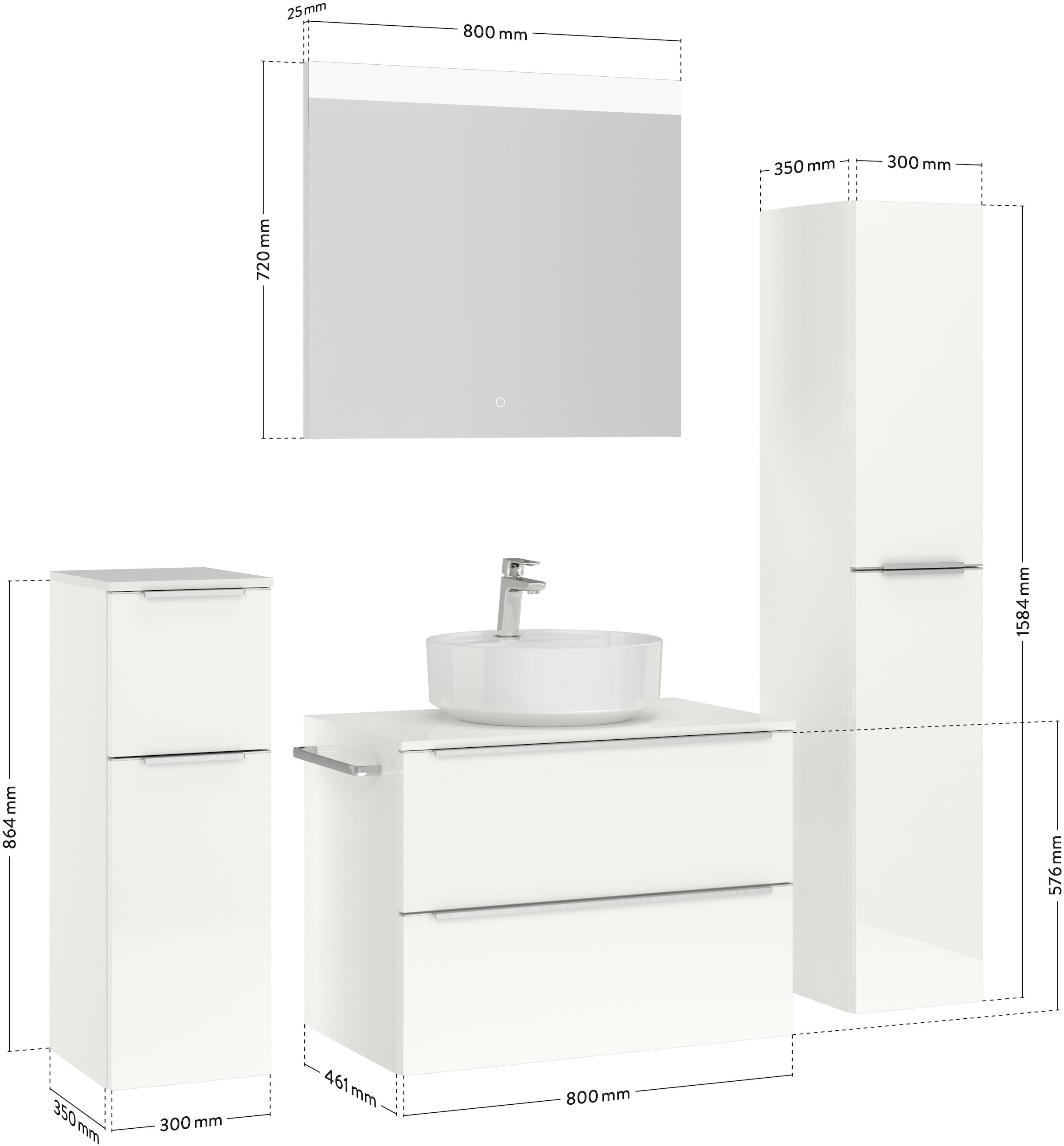 nobilia® Badmöbel-Set »Alvene«, (4 St., vormontiert, mit Soft-Close), Hochglanz, inkl. Spiegel mit Touch-Sensor, in vier Breiten